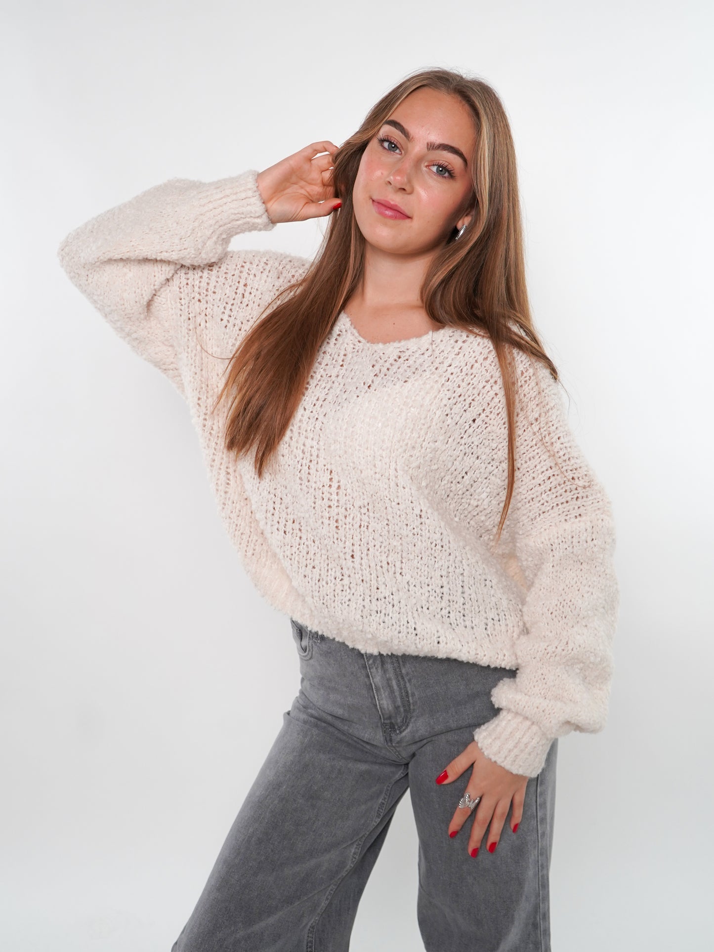 Bouclé Moment Strickpullover - Weiß