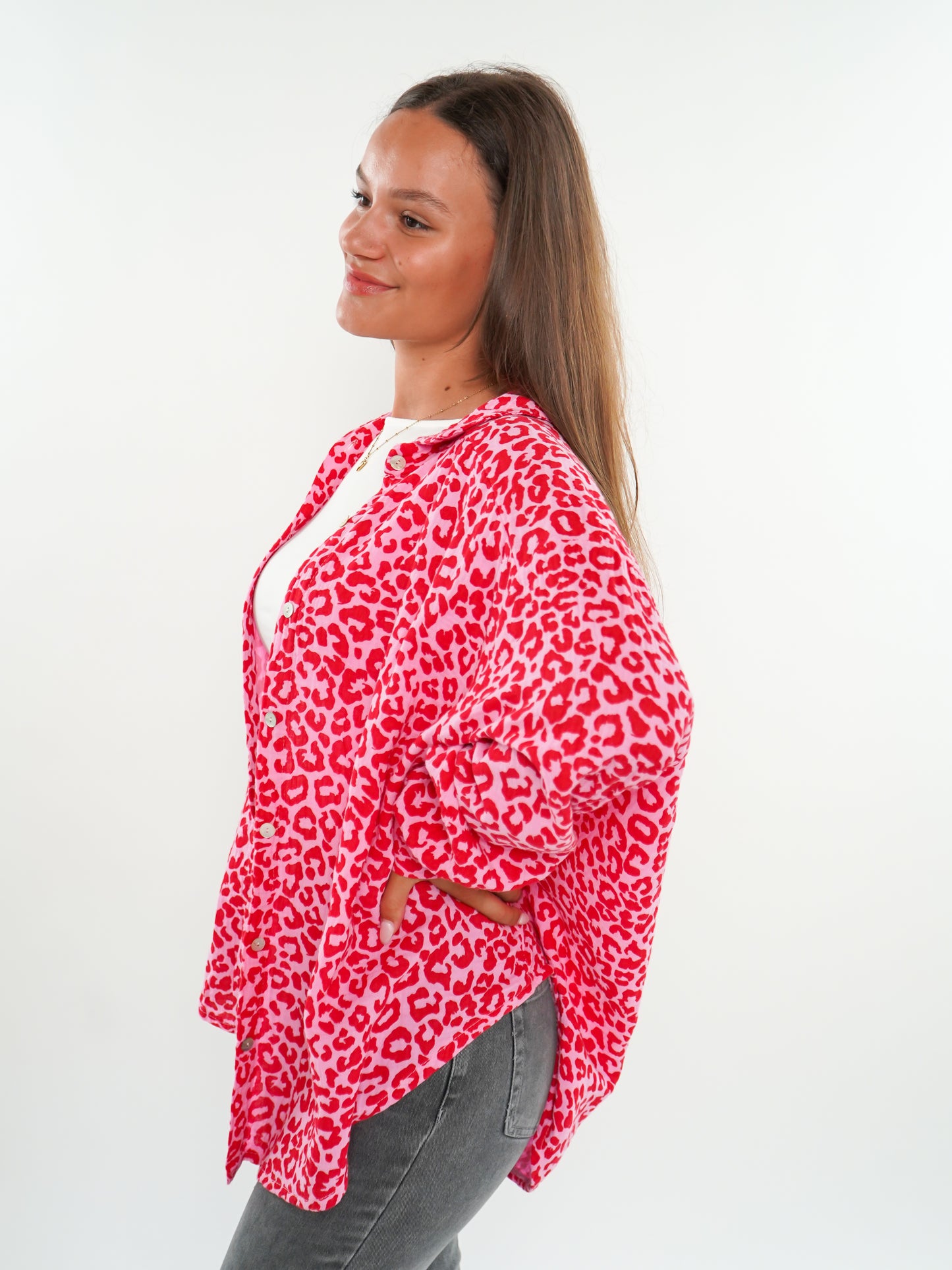 Musselinbluse kurz Leo - Rosa/Rot