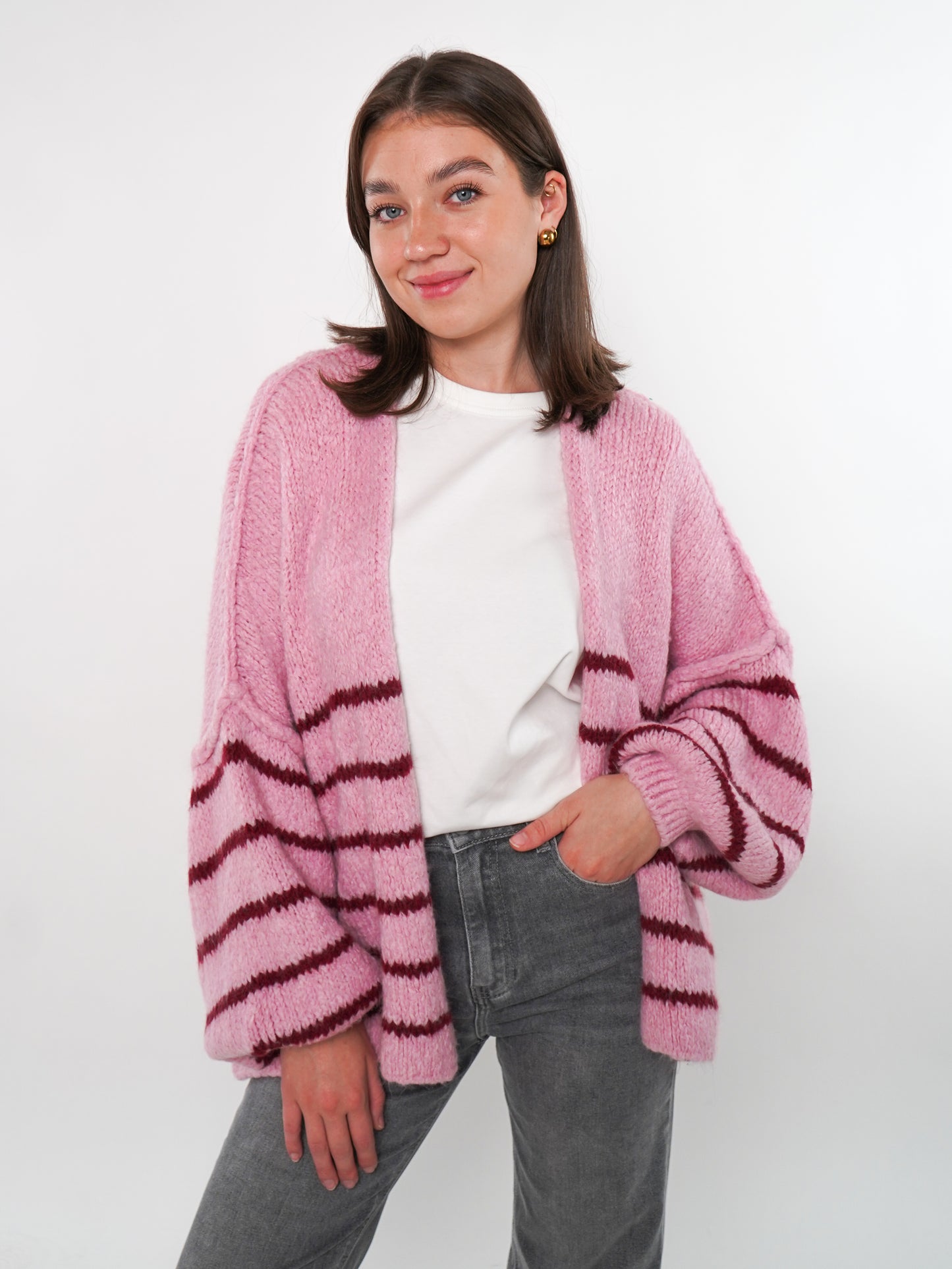 Cozy Strickjacke Felina Stripes - Rosa mit Bordeaux