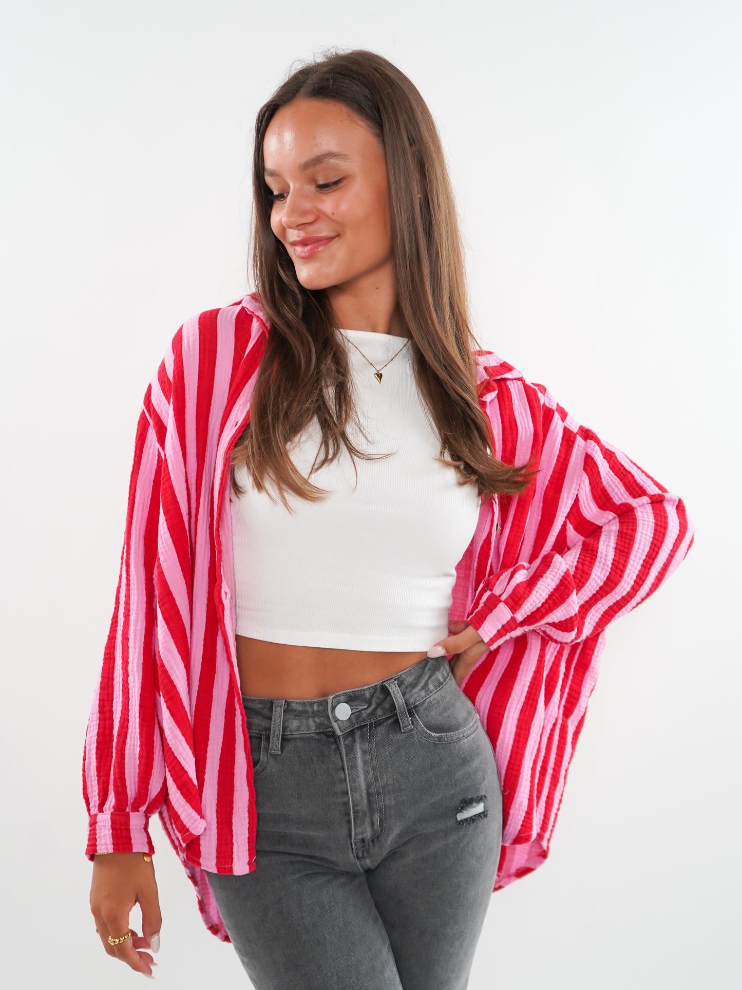 Musselinbluse Bold Stripes kurz - Rosa/Rot