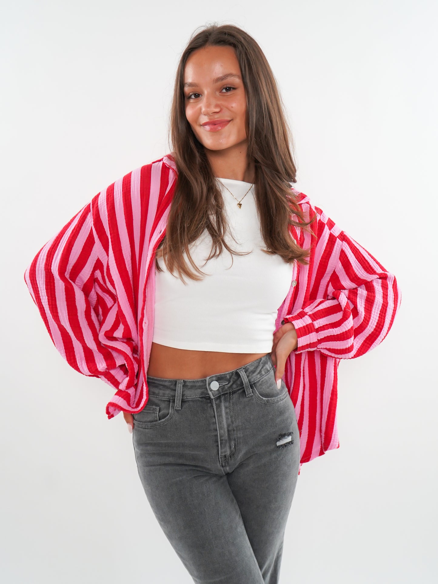 Musselinbluse Bold Stripes kurz - Rosa/Rot