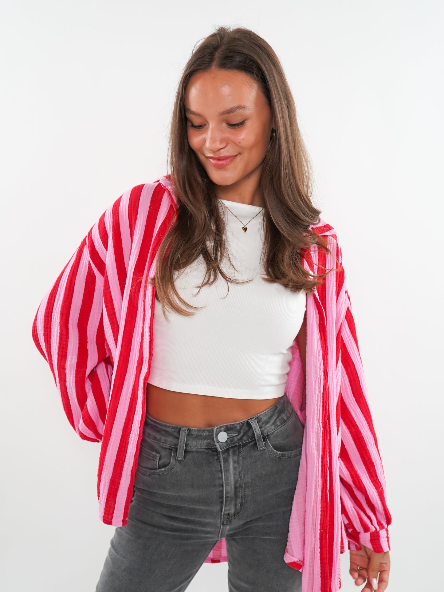 Musselinbluse Bold Stripes kurz - Rosa/Rot