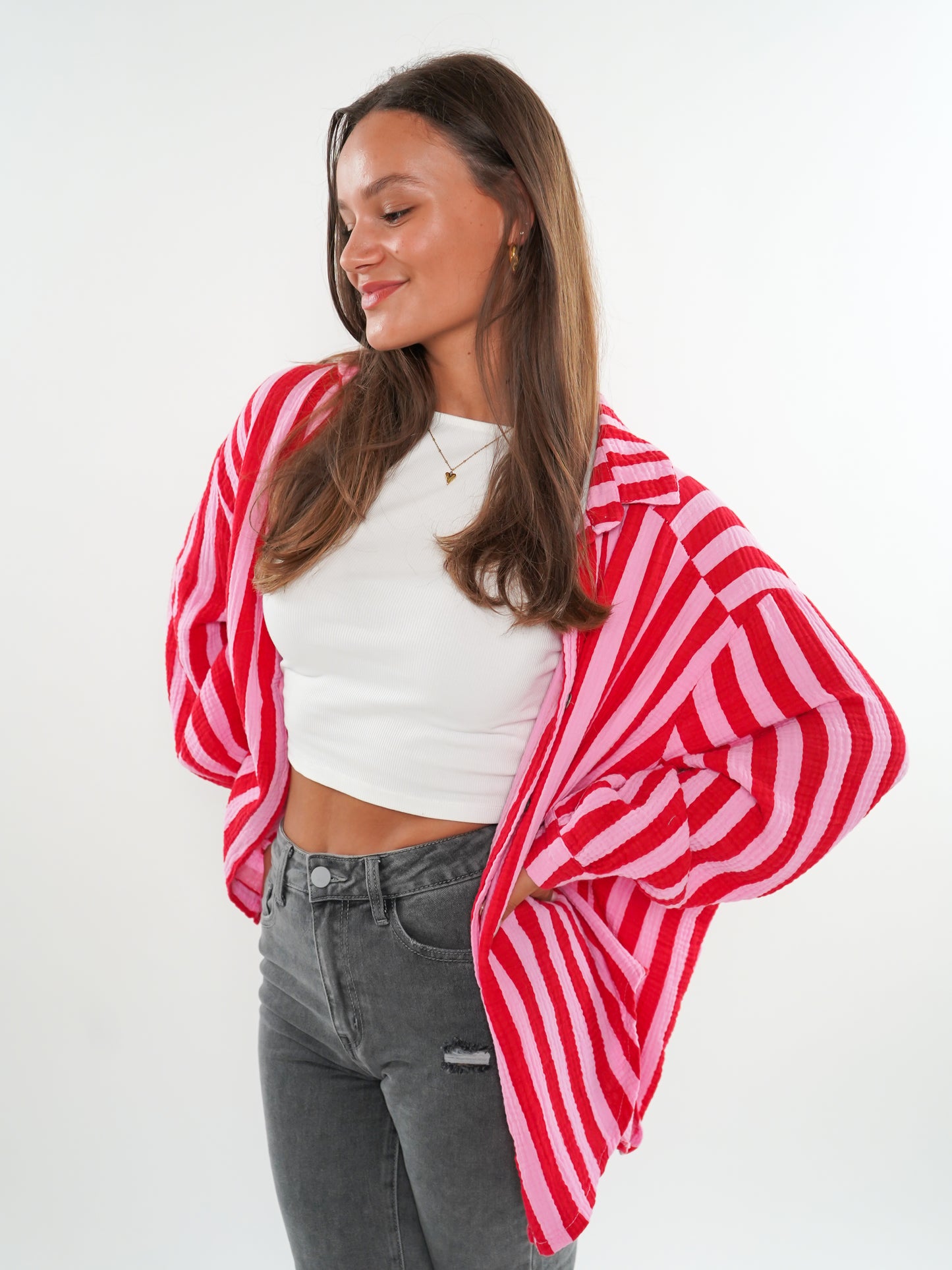 Musselinbluse Bold Stripes kurz - Rosa/Rot