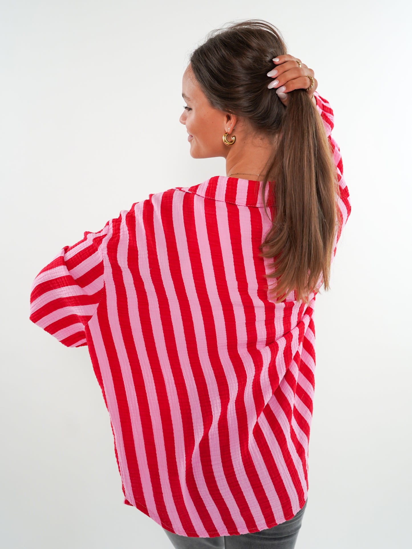 Musselinbluse Bold Stripes kurz - Rosa/Rot