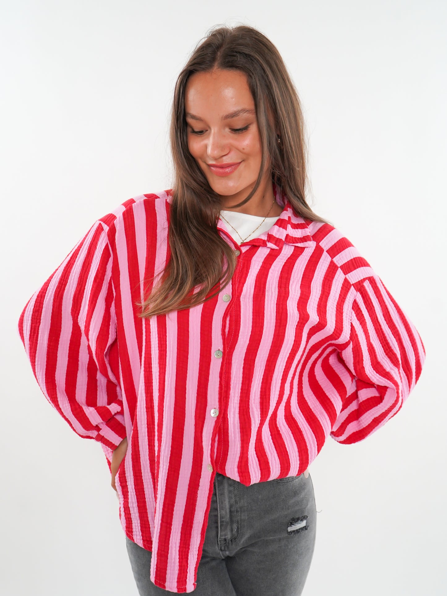 Musselinbluse Bold Stripes kurz - Rosa/Rot