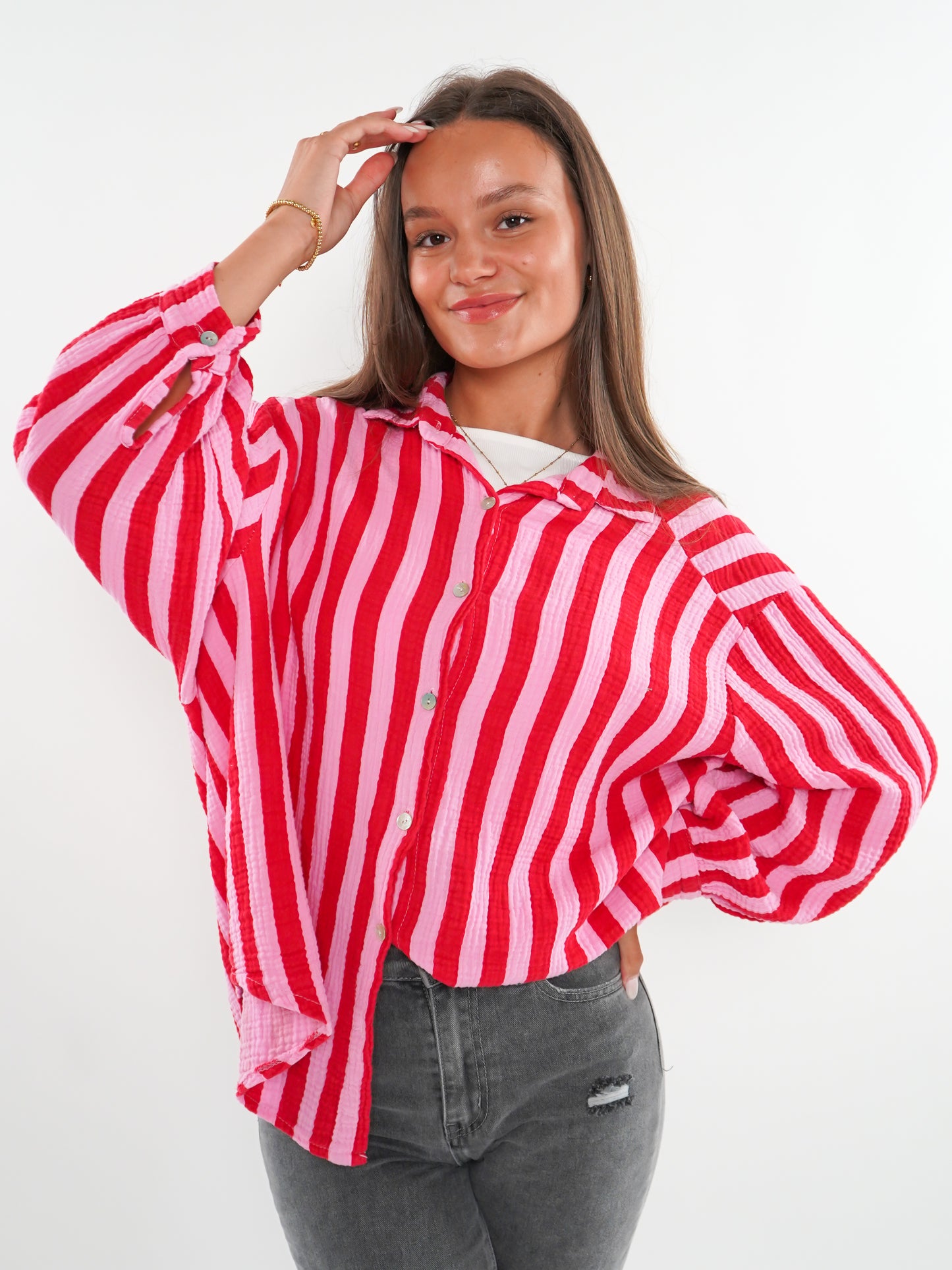 Musselinbluse Bold Stripes kurz - Rosa/Rot