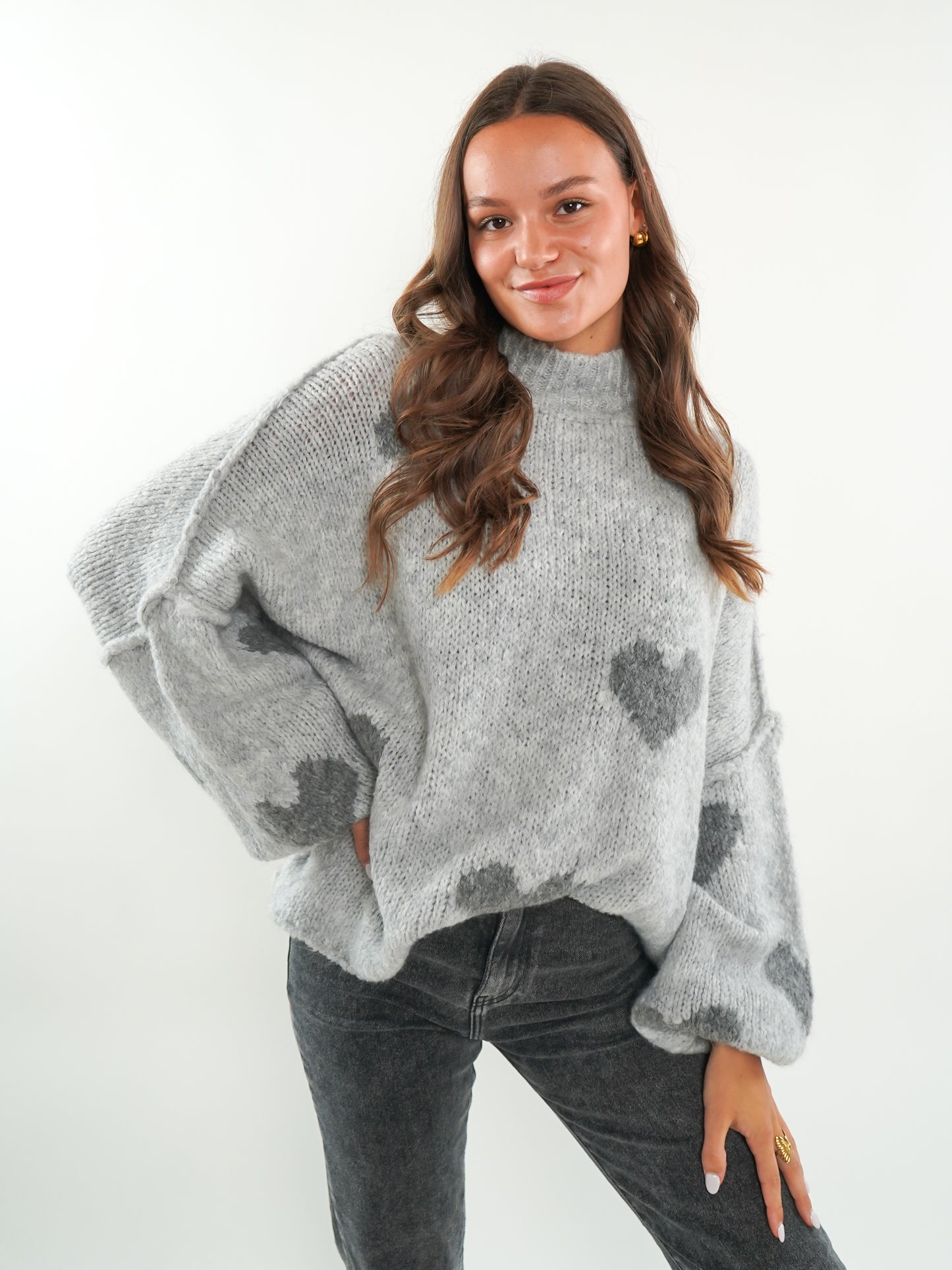 Strickpullover Felina mit Herzchen - Grau