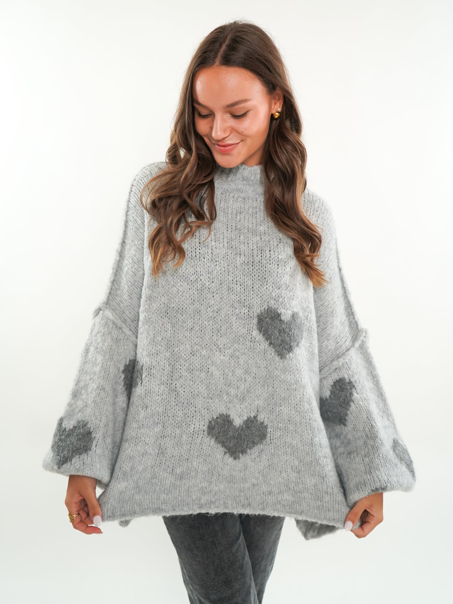 Strickpullover Felina mit Herzchen - Grau