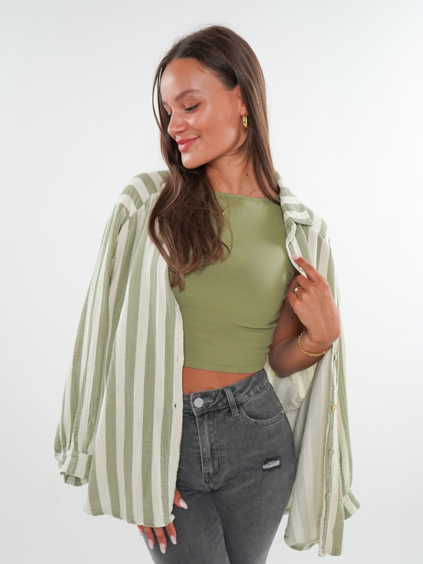 Musselinbluse Bold Stripes kurz - Weiß/Khaki