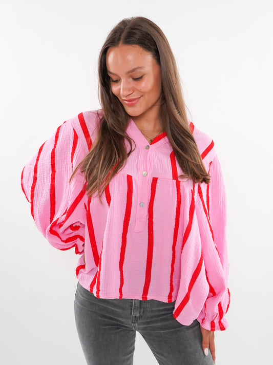 ZWEITELIEBE 493 Musselinbluse Luna Wide Stripes - Rosa/Rot - vom Umtausch ausgeschlossen -