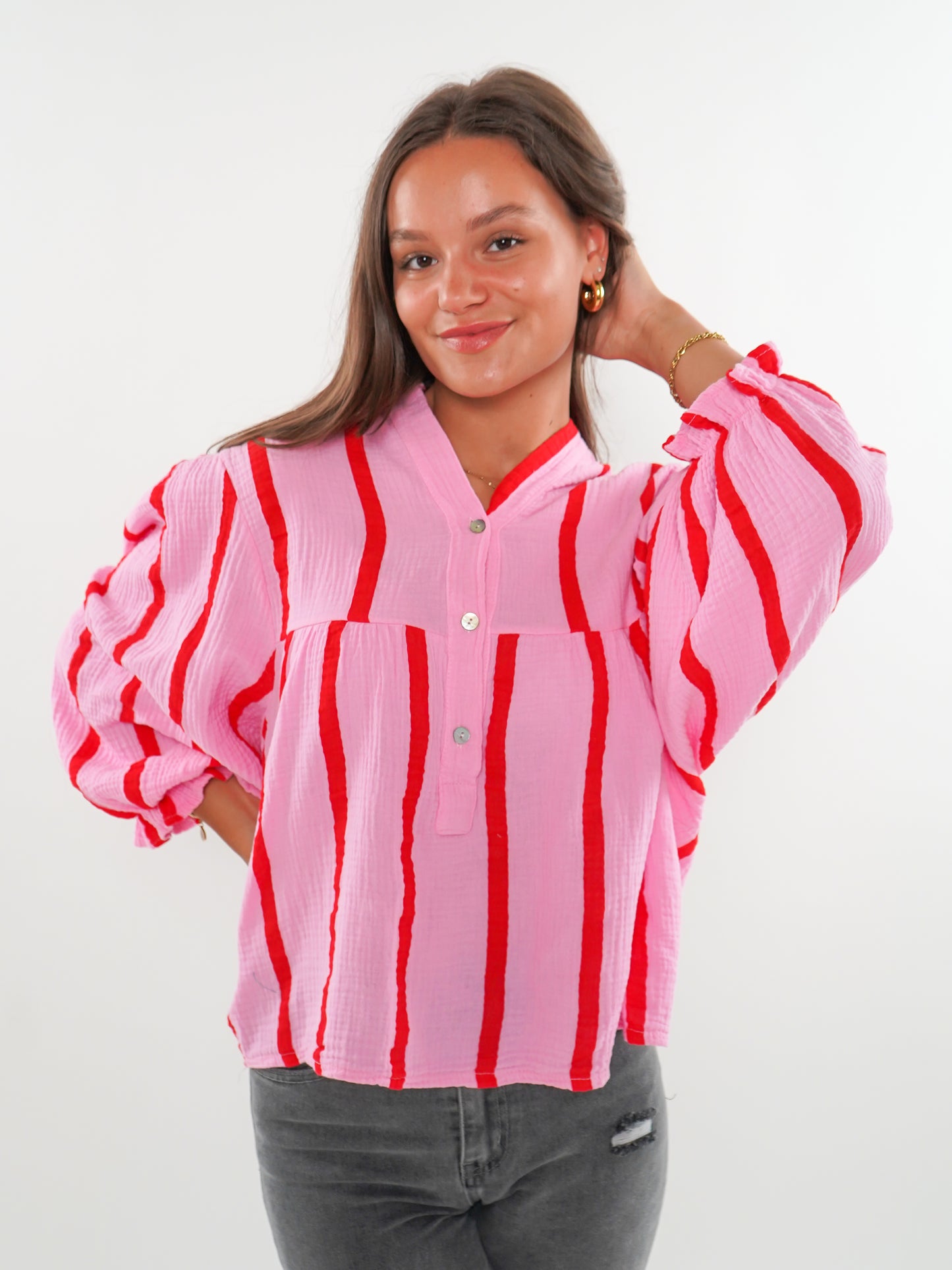 Musselinbluse Luna Wide Stripes - Rosa/Rot