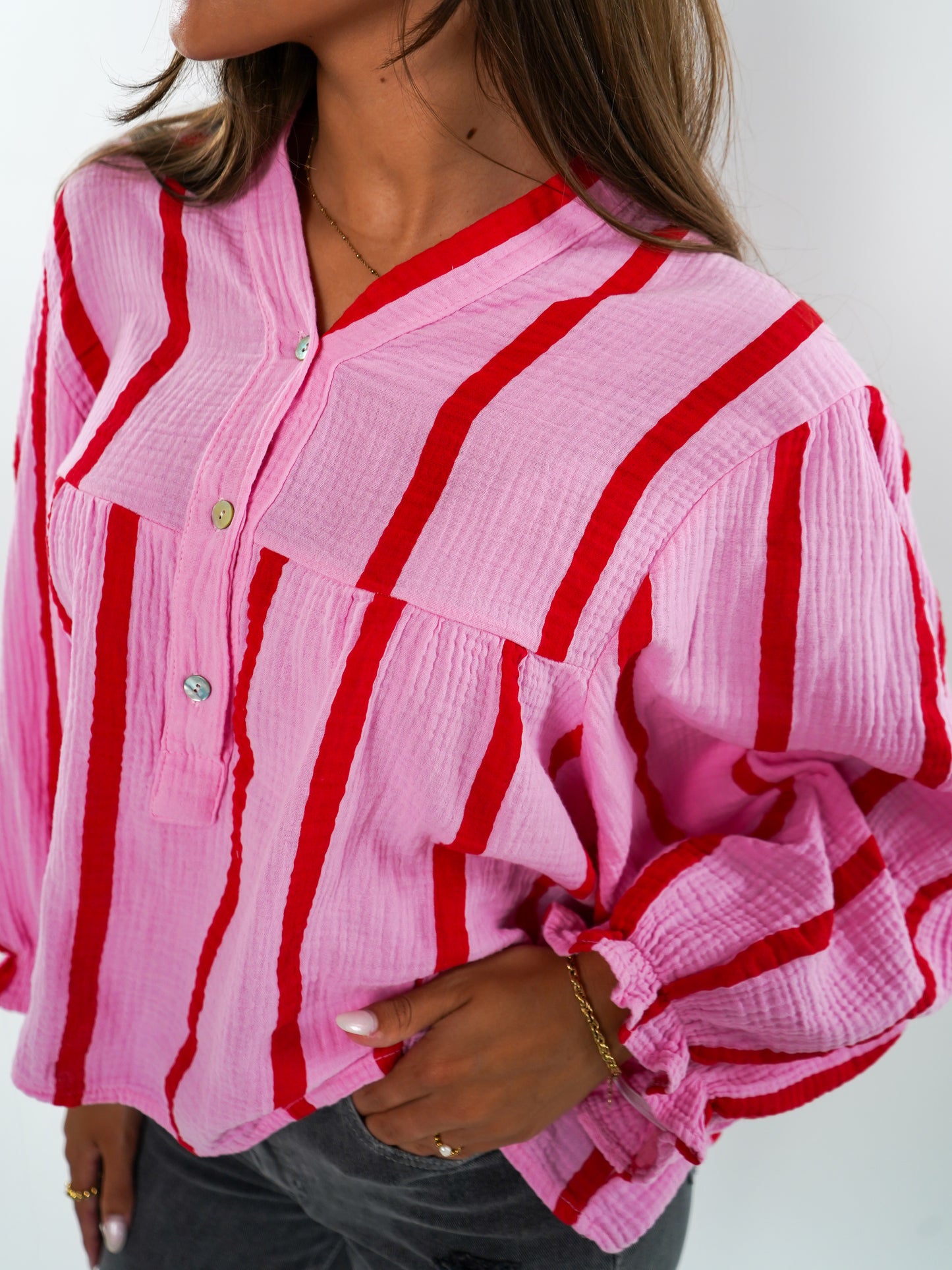 Musselinbluse Luna Wide Stripes - Rosa/Rot