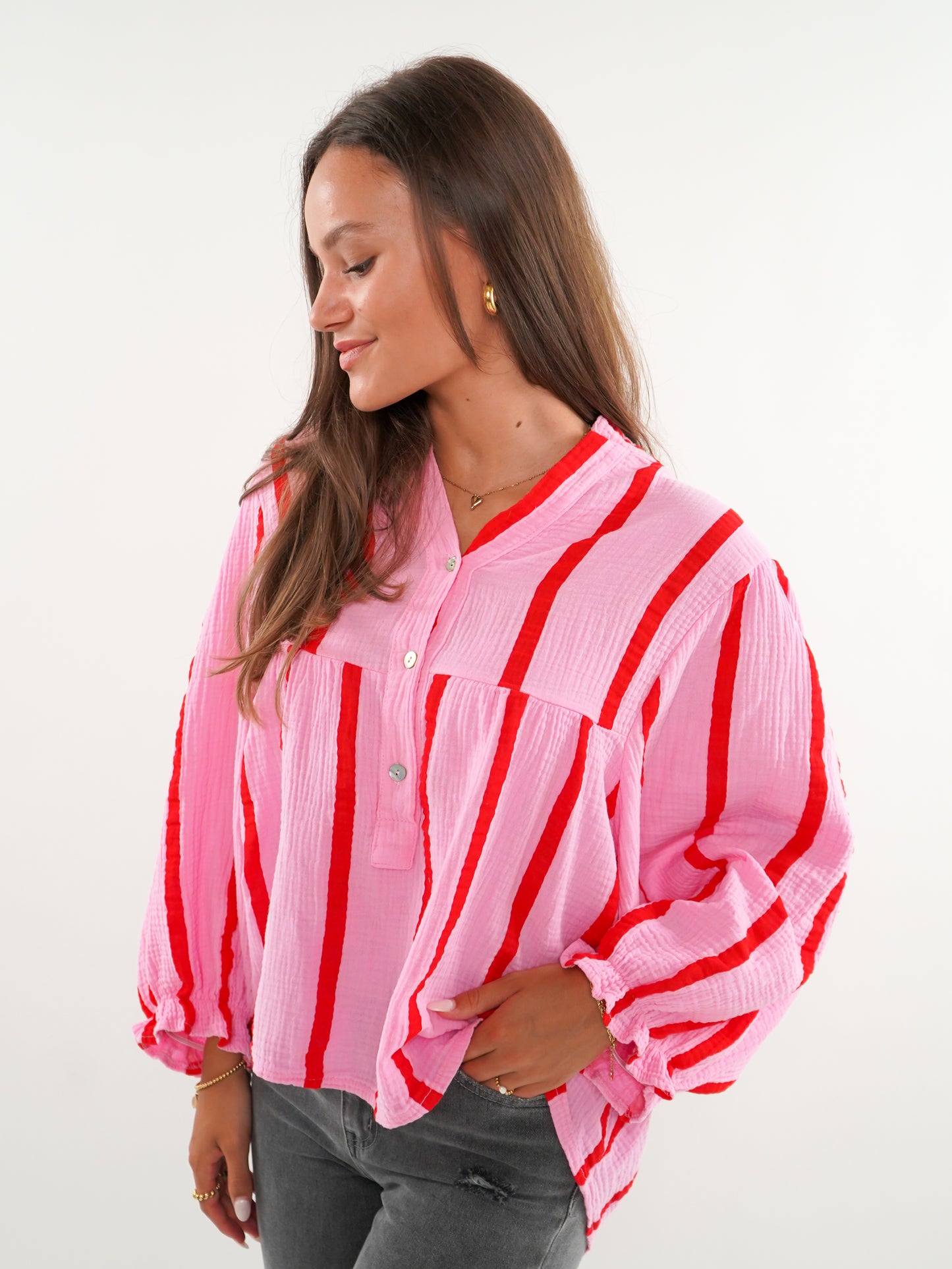 Musselinbluse Luna Wide Stripes - Rosa/Rot