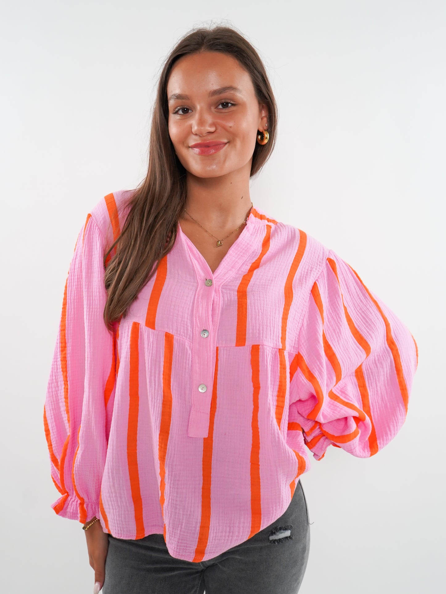 Musselinbluse Luna Wide Stripes- Rosa/Orange