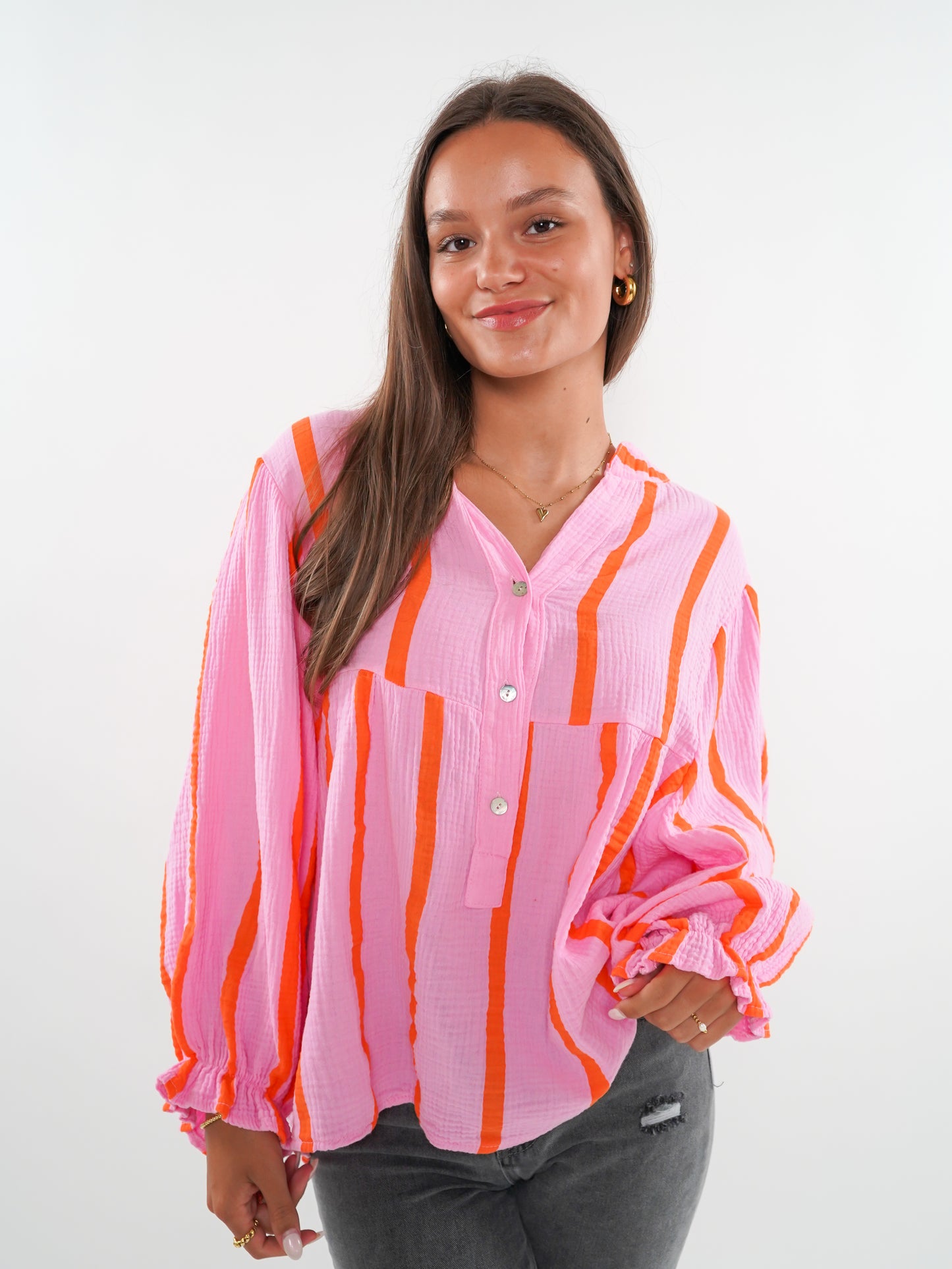 Musselinbluse Luna Wide Stripes- Rosa/Orange