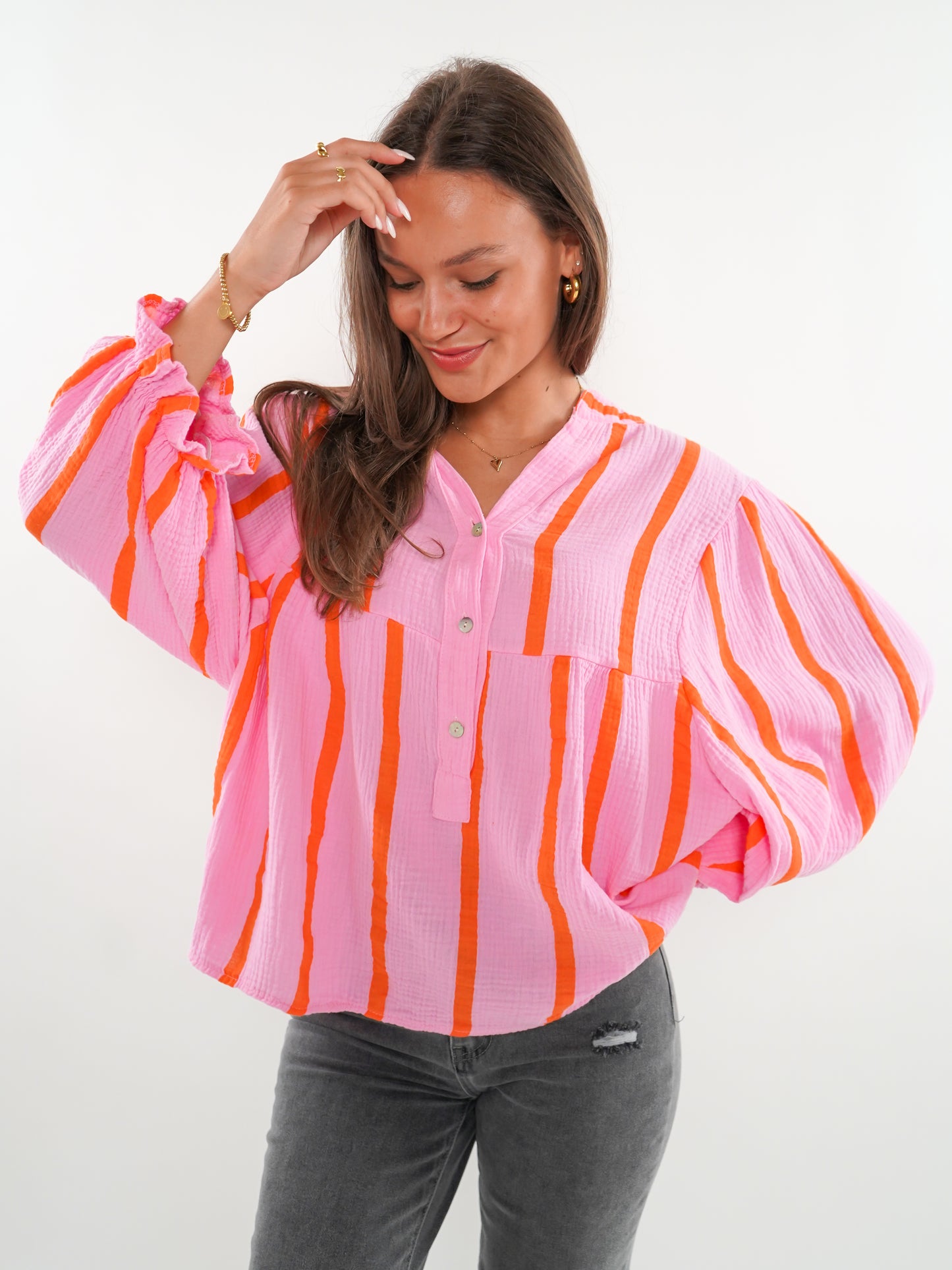 Musselinbluse Luna Wide Stripes- Rosa/Orange