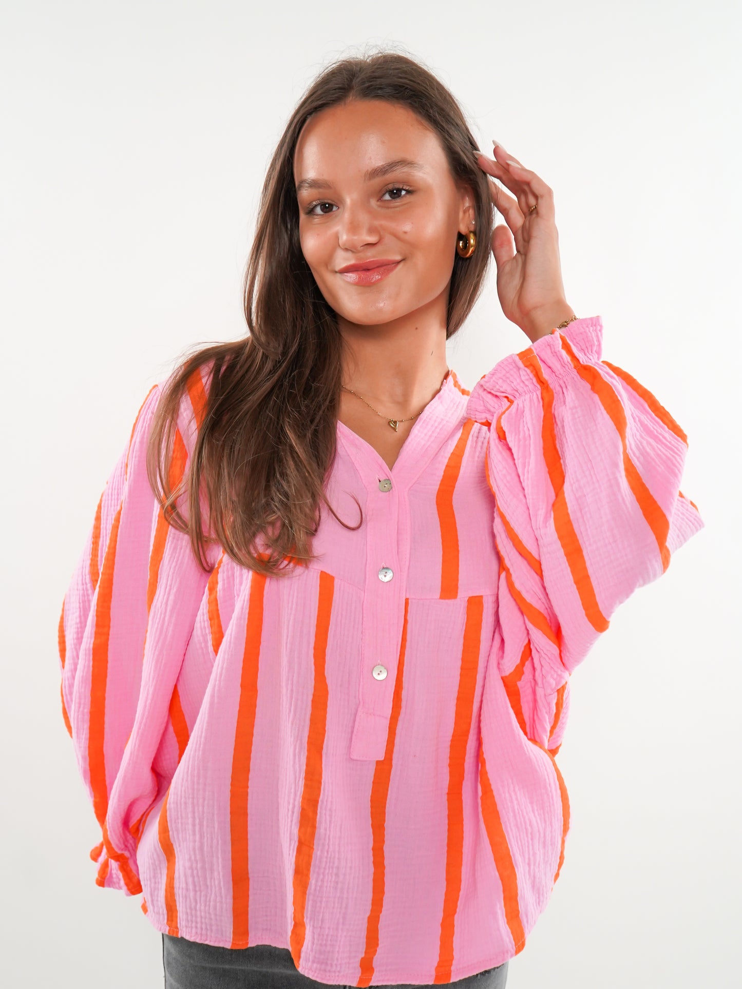 Musselinbluse Luna Wide Stripes- Rosa/Orange