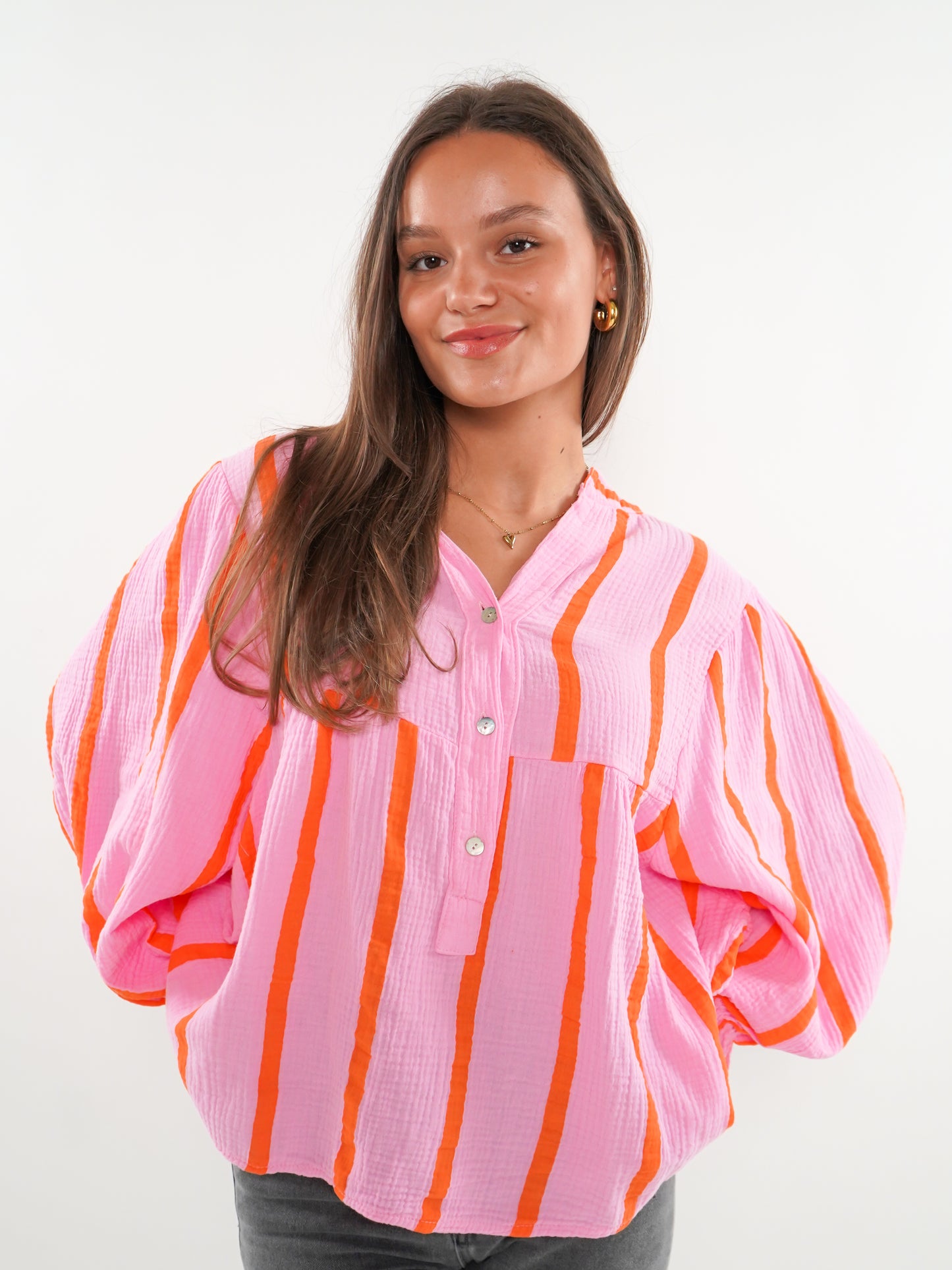 Musselinbluse Luna Wide Stripes- Rosa/Orange