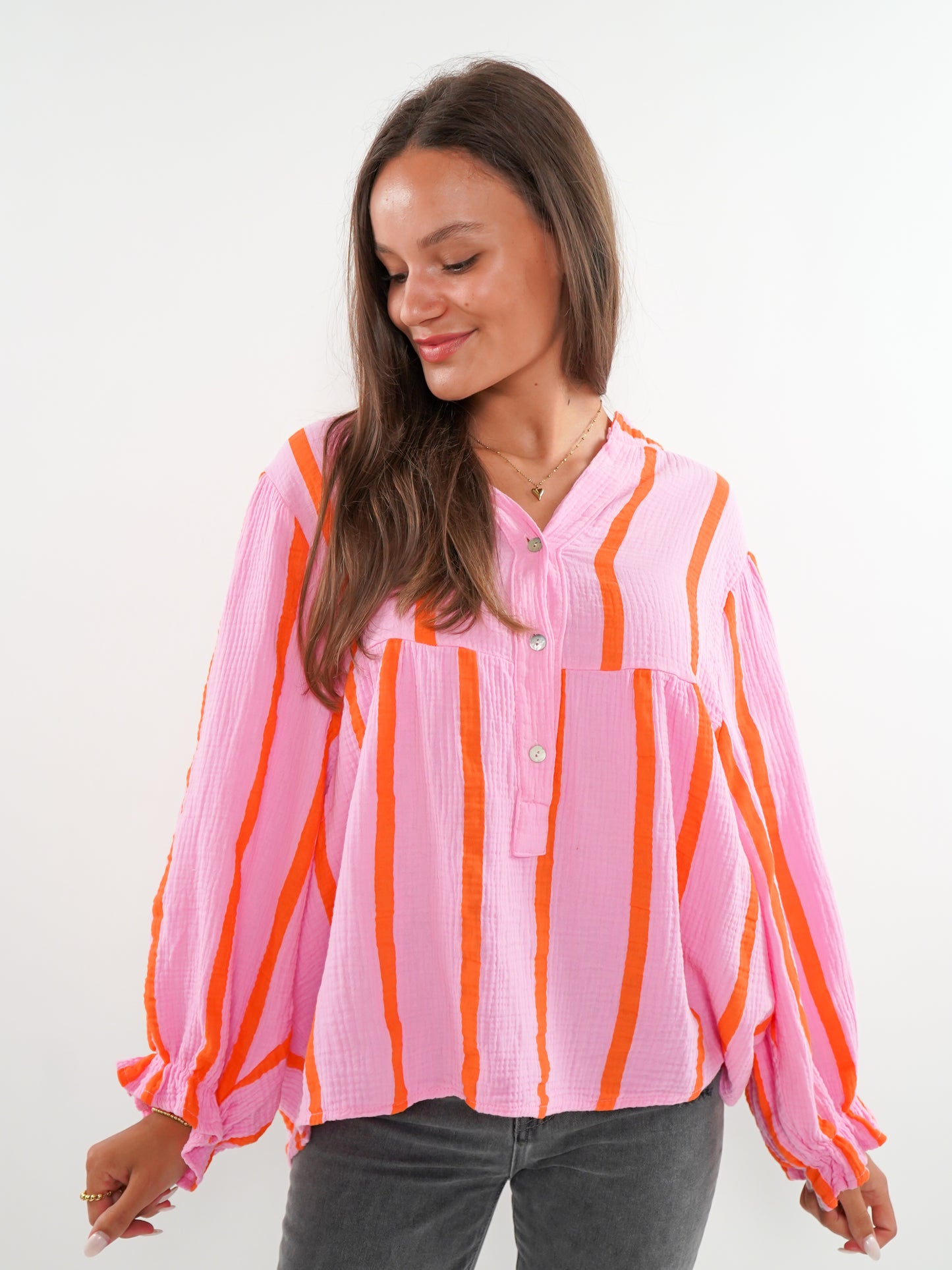 Musselinbluse Luna Wide Stripes- Rosa/Orange