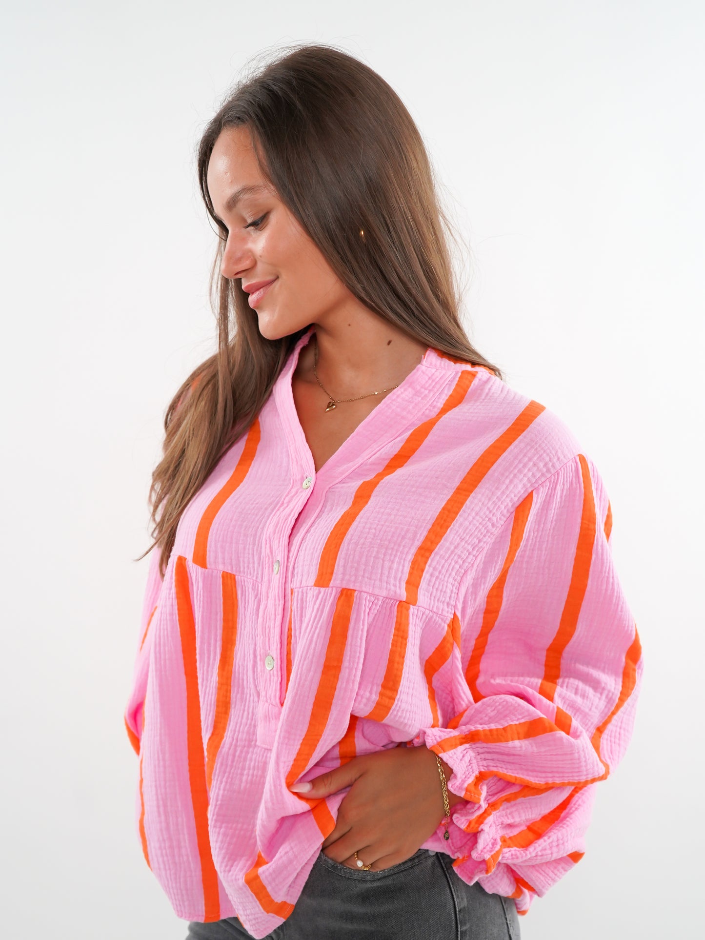 Musselinbluse Luna Wide Stripes- Rosa/Orange