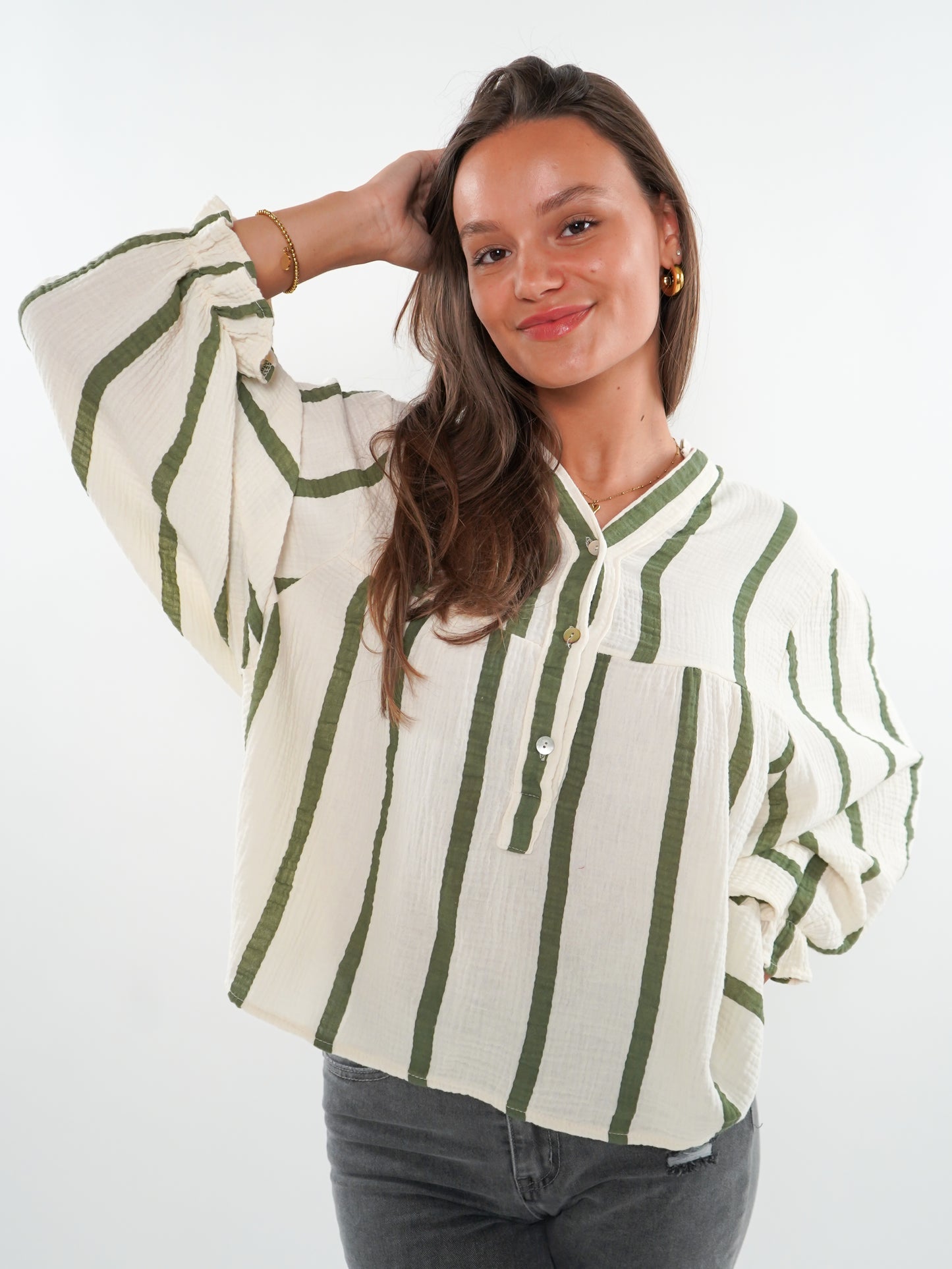 Musselinbluse Luna Wide Stripes - Beige/Khaki