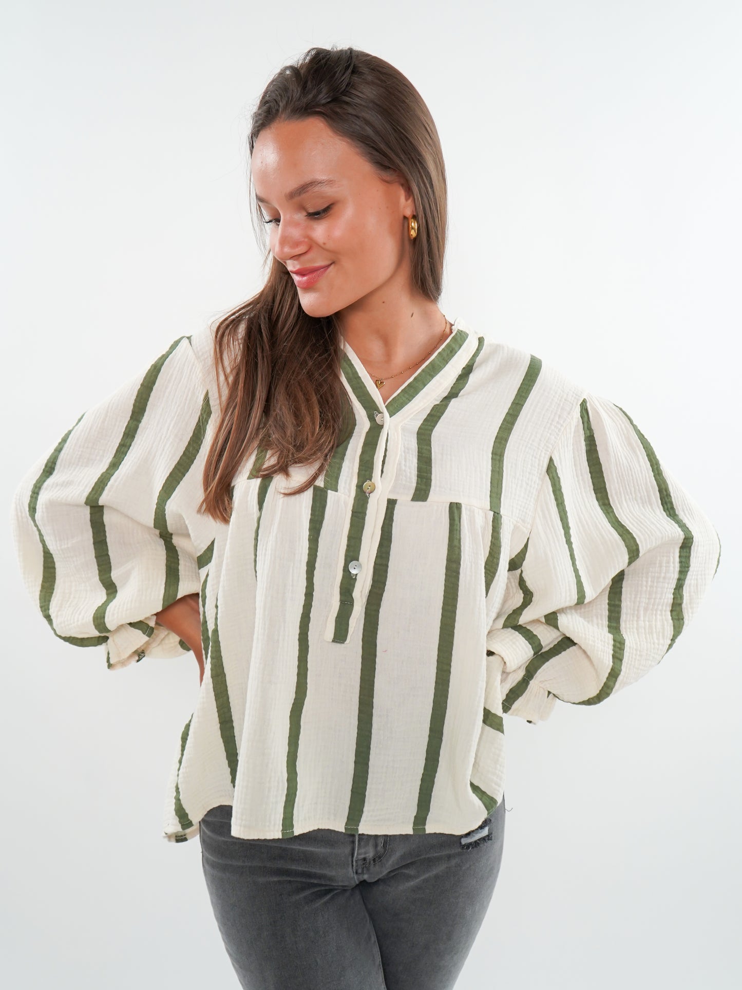 Musselinbluse Luna Wide Stripes - Beige/Khaki