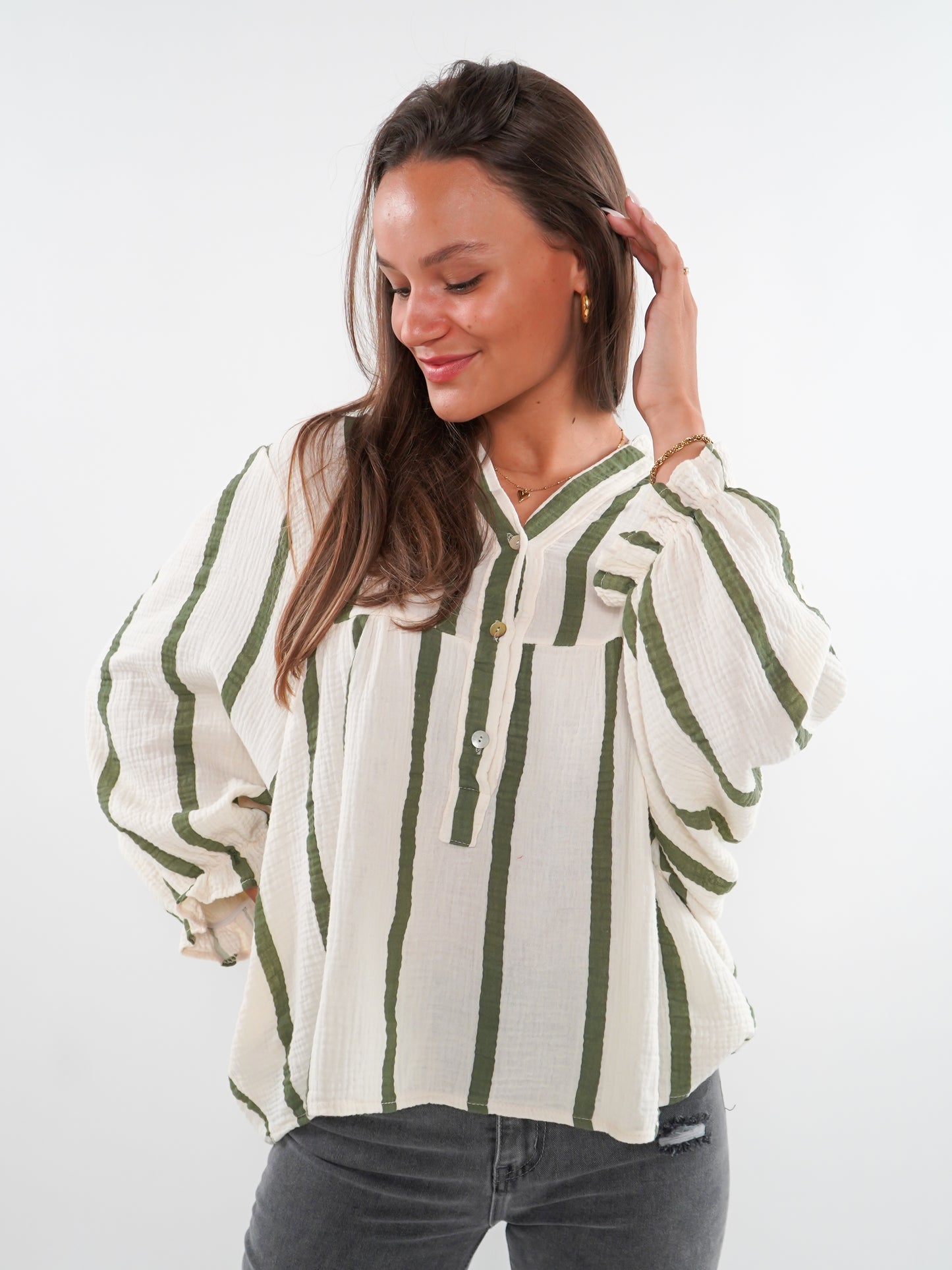 Musselinbluse Luna Wide Stripes - Beige/Khaki