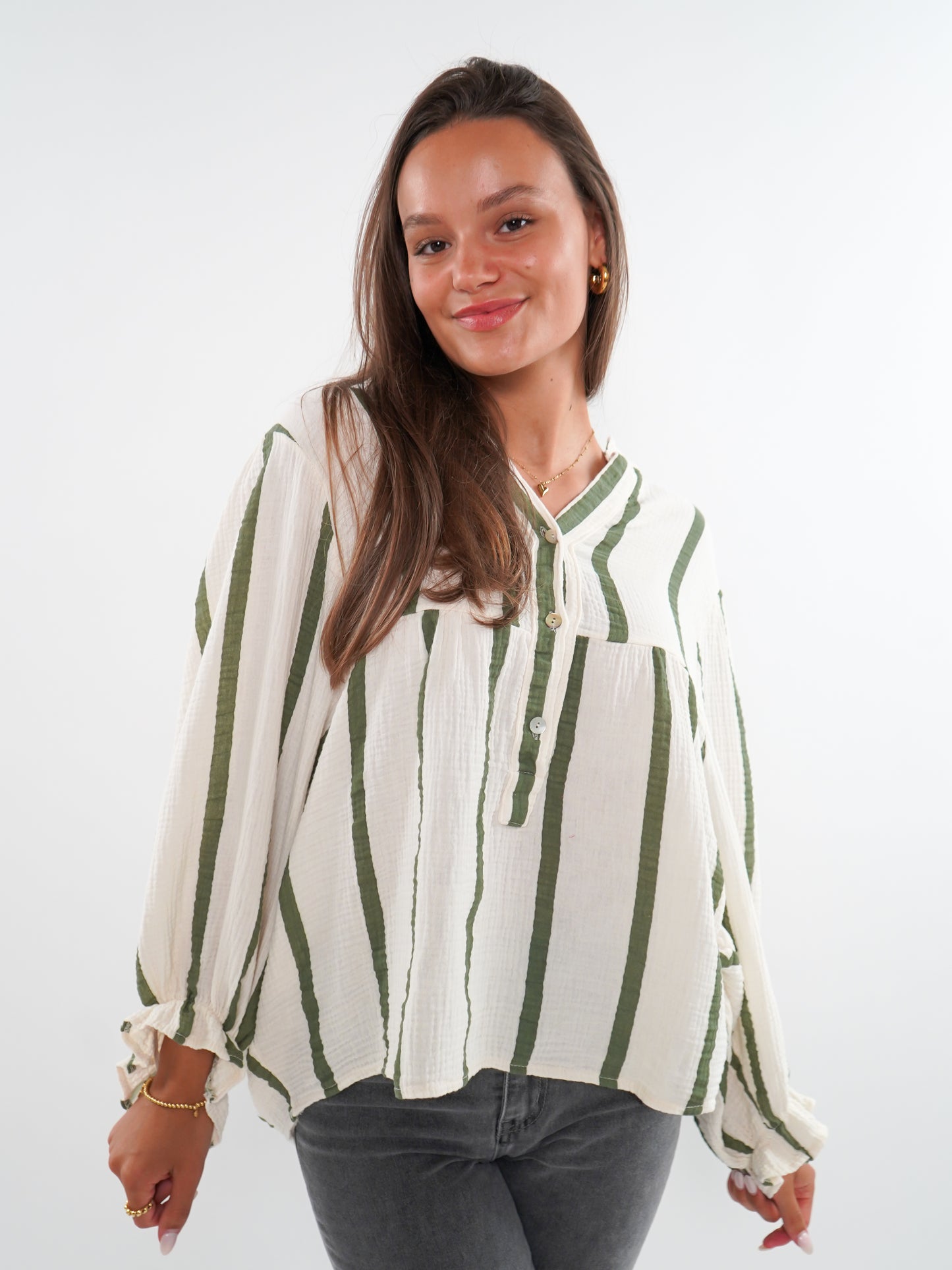 Musselinbluse Luna Wide Stripes - Beige/Khaki