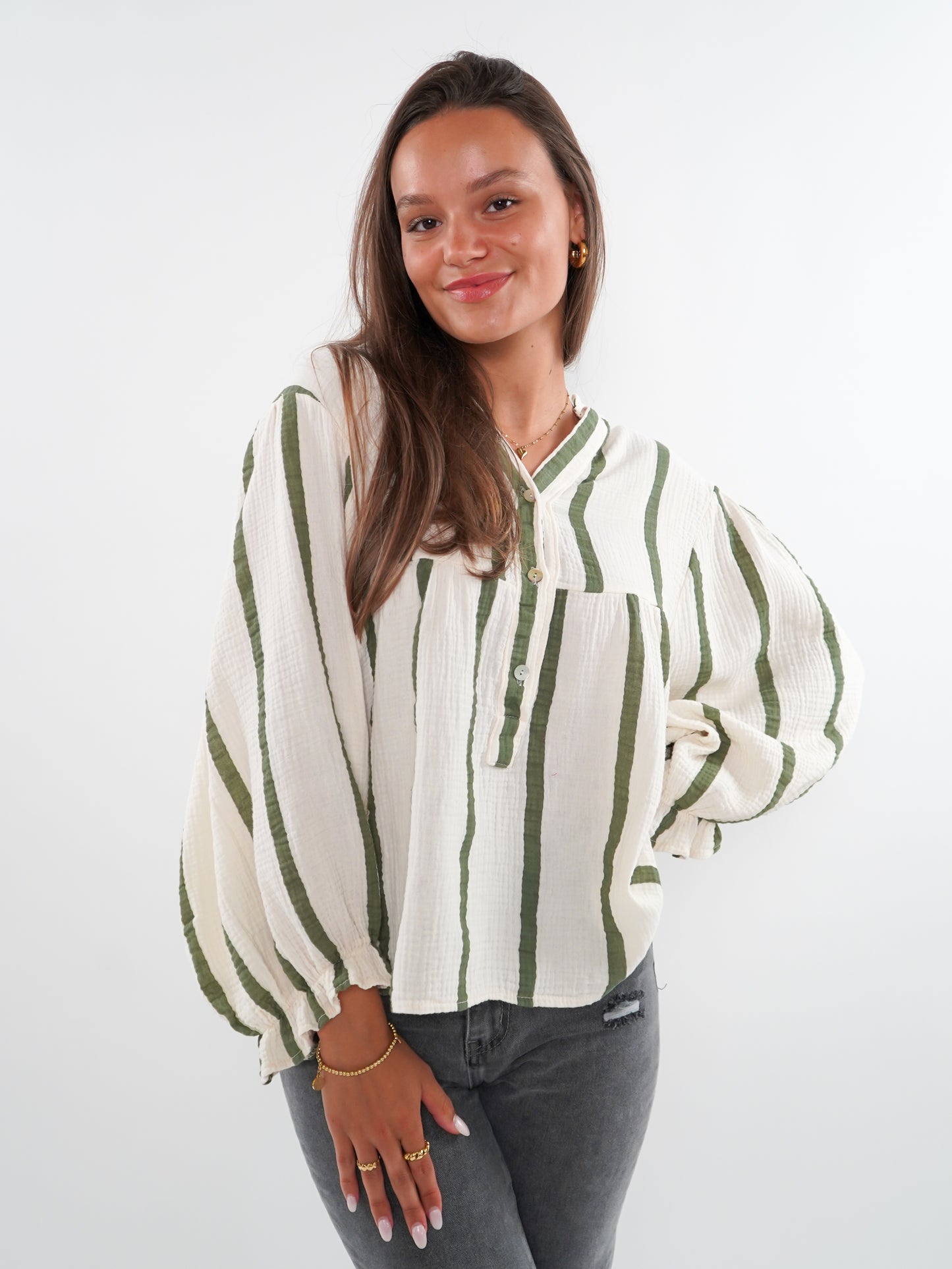 Musselinbluse Luna Wide Stripes - Beige/Khaki