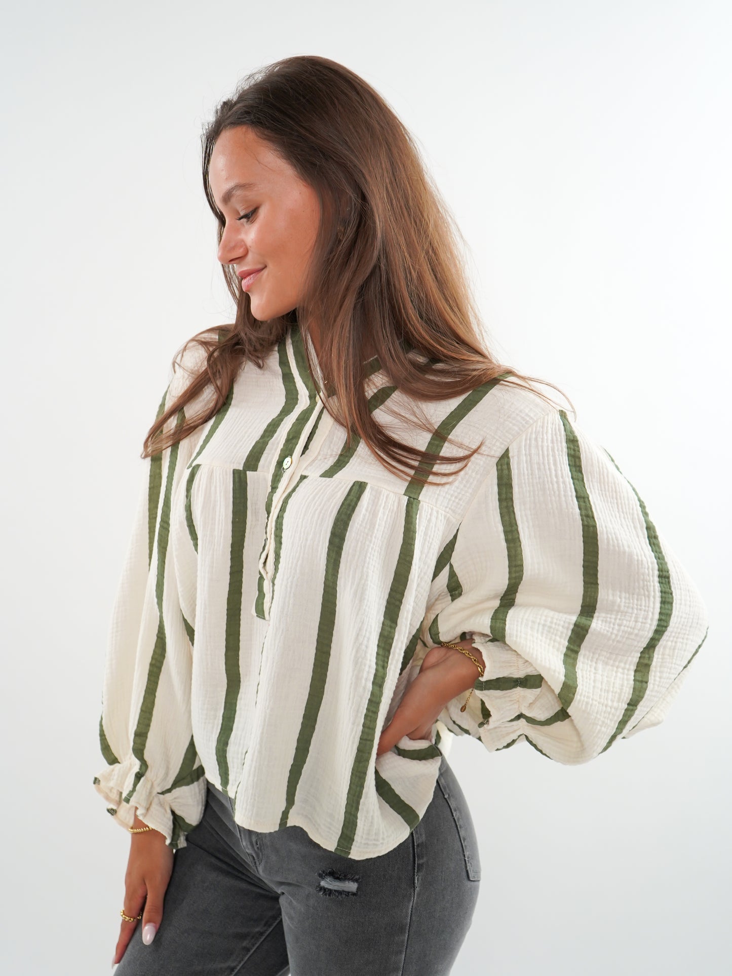 Musselinbluse Luna Wide Stripes - Beige/Khaki