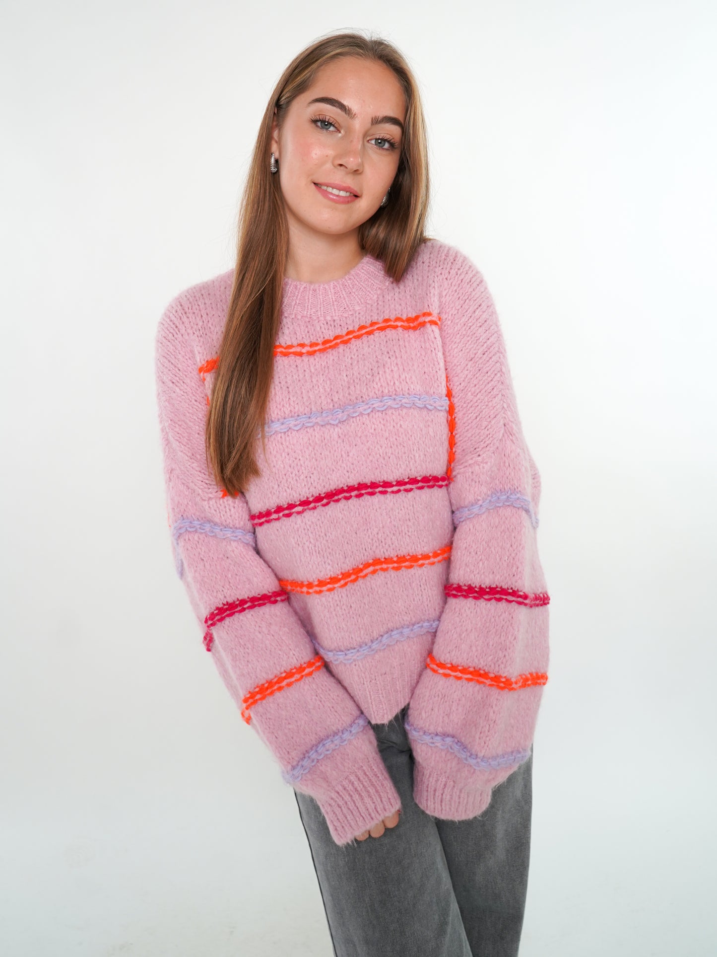 Cozy Strickpullover Stripes - Hellrosa