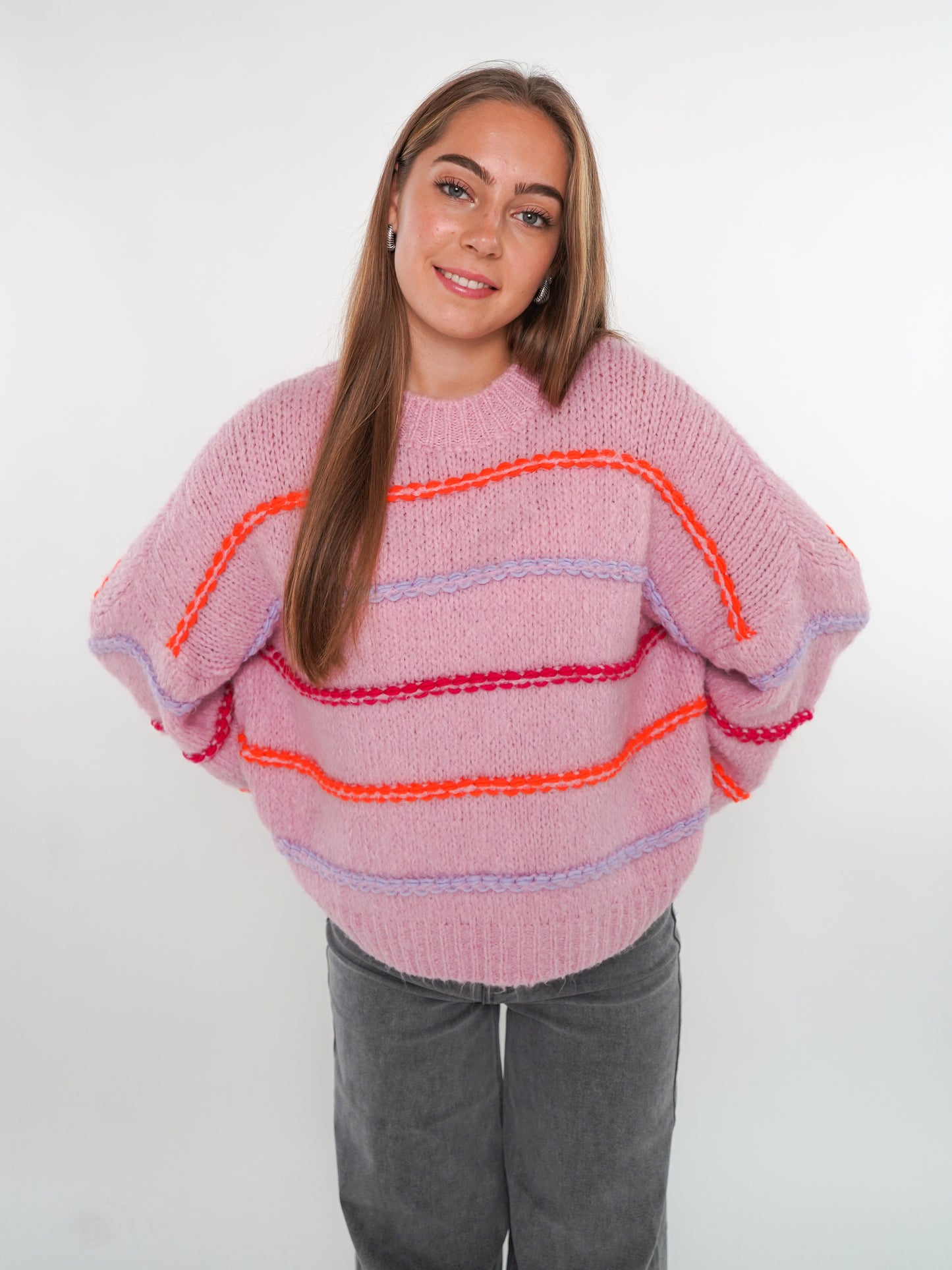 Cozy Strickpullover Stripes - Hellrosa