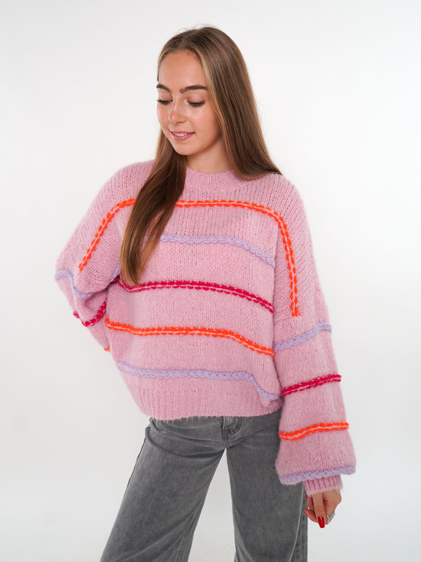 Cozy Strickpullover Stripes - Hellrosa