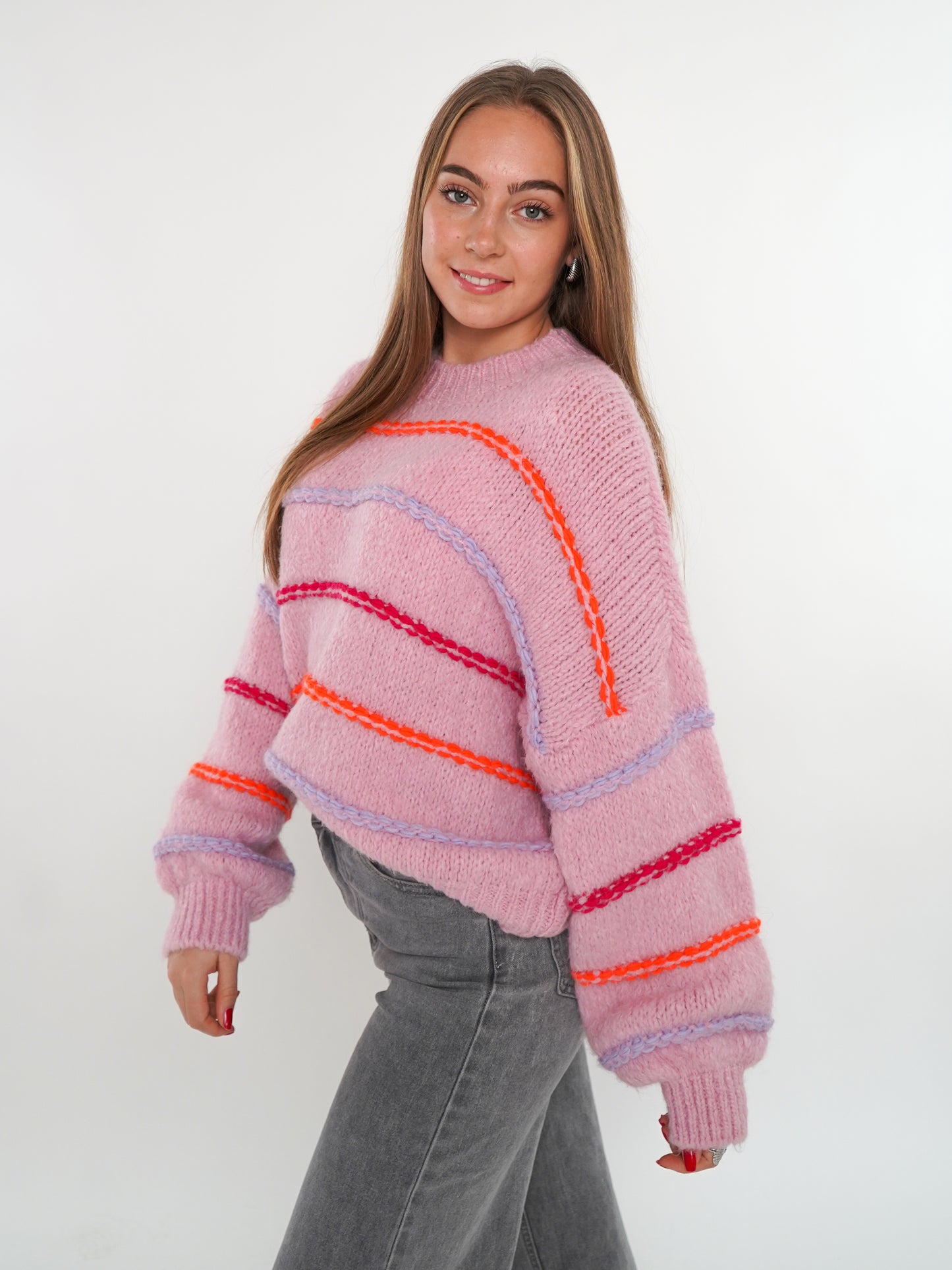 Cozy Strickpullover Stripes - Hellrosa