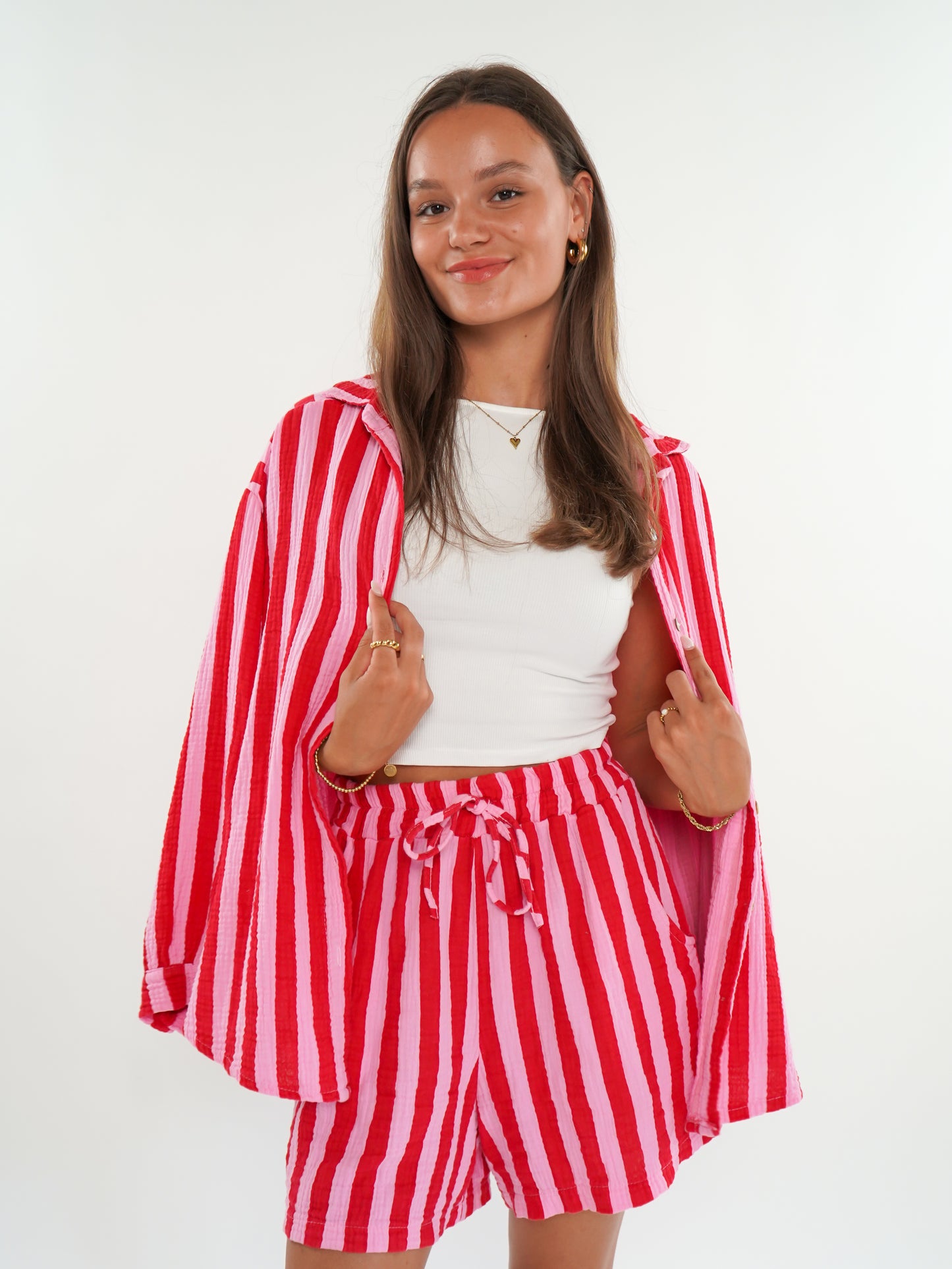 Musselinbluse Bold Stripes kurz - Rosa/Rot