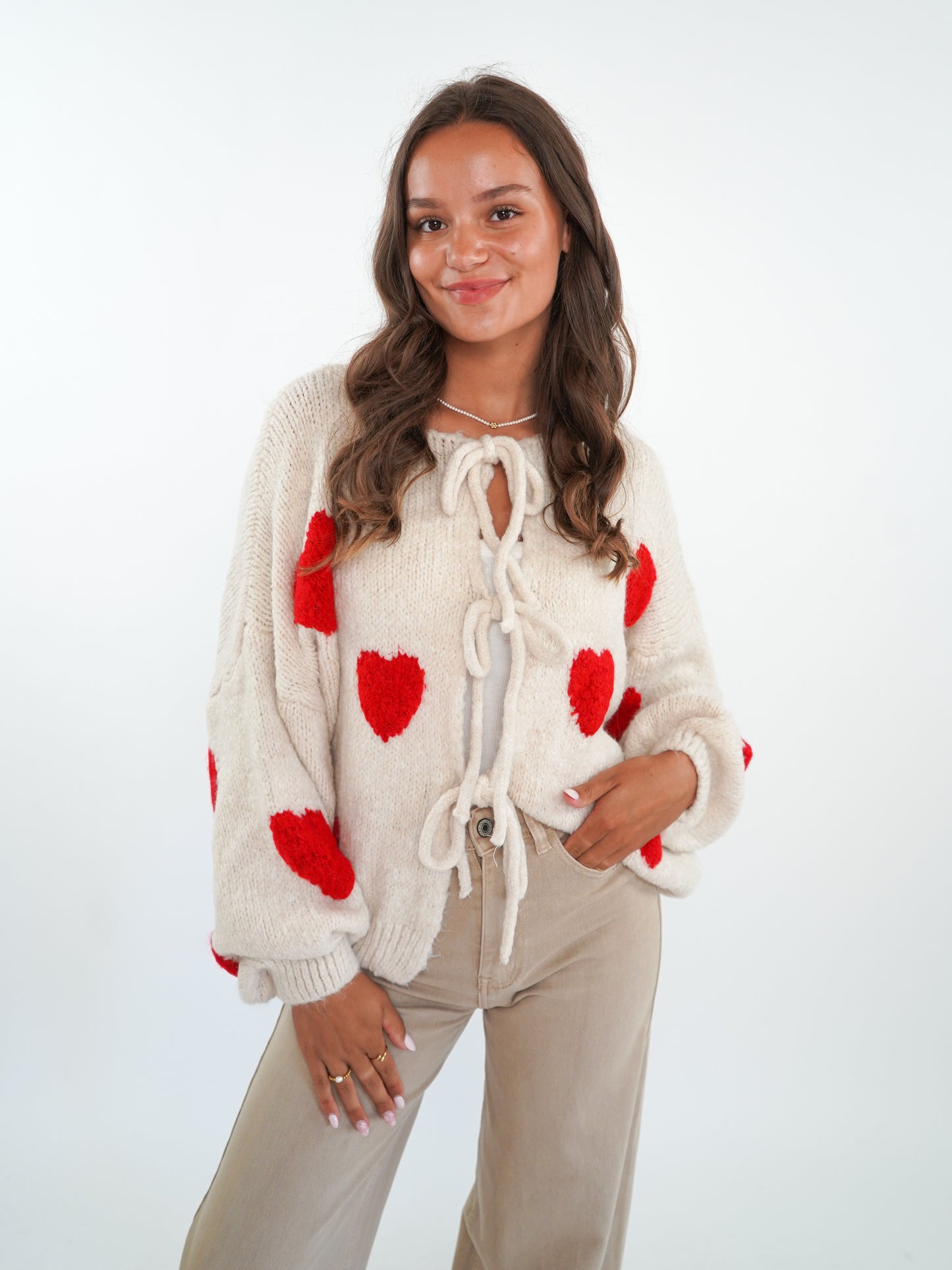 LUCKY DEAL 1224 Heart Knit Bow Jacket Cremebeige - vom Umtausch ausgeschlossen -