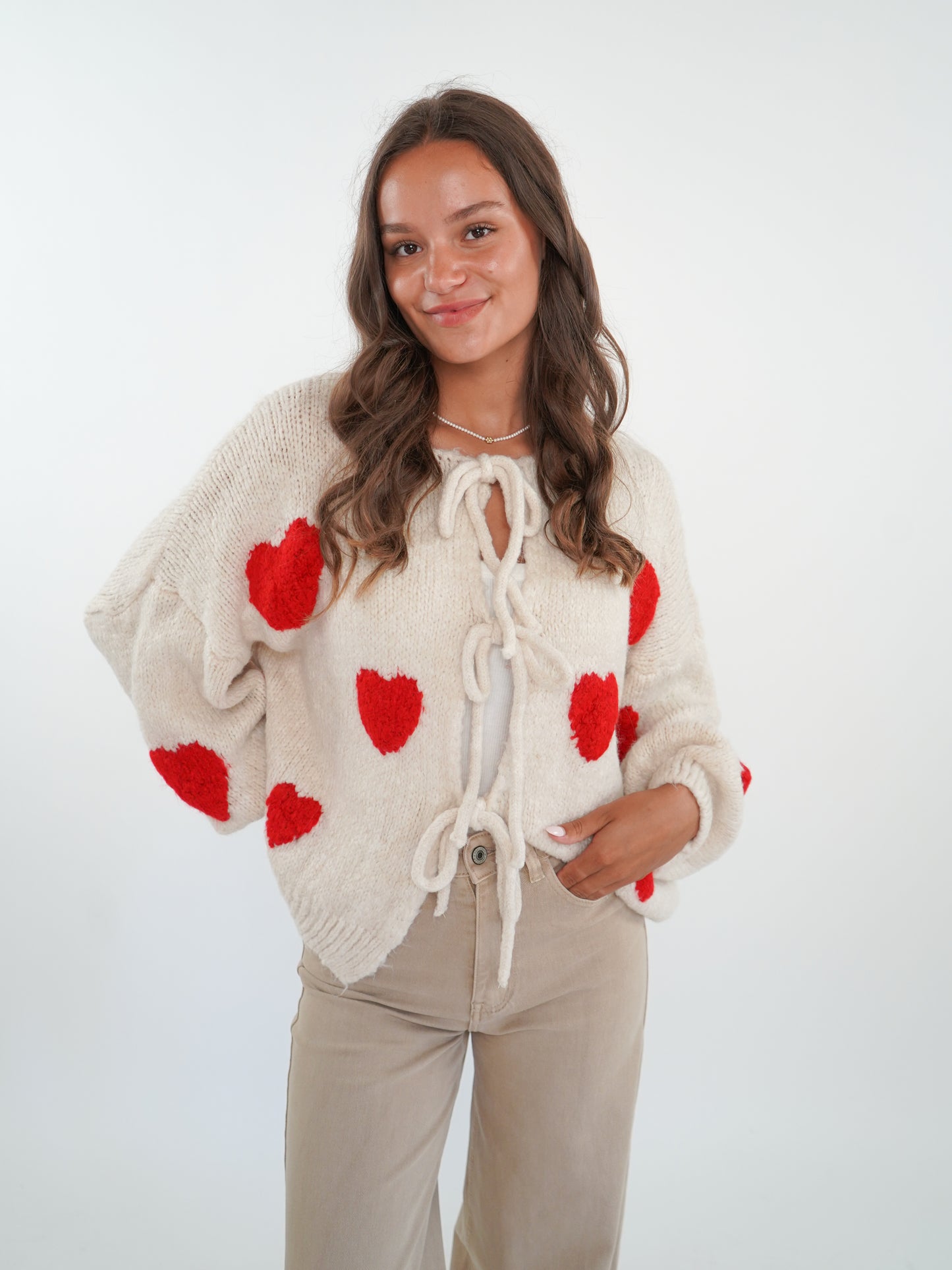 LUCKY DEAL 1224 Heart Knit Bow Jacket Cremebeige - vom Umtausch ausgeschlossen -