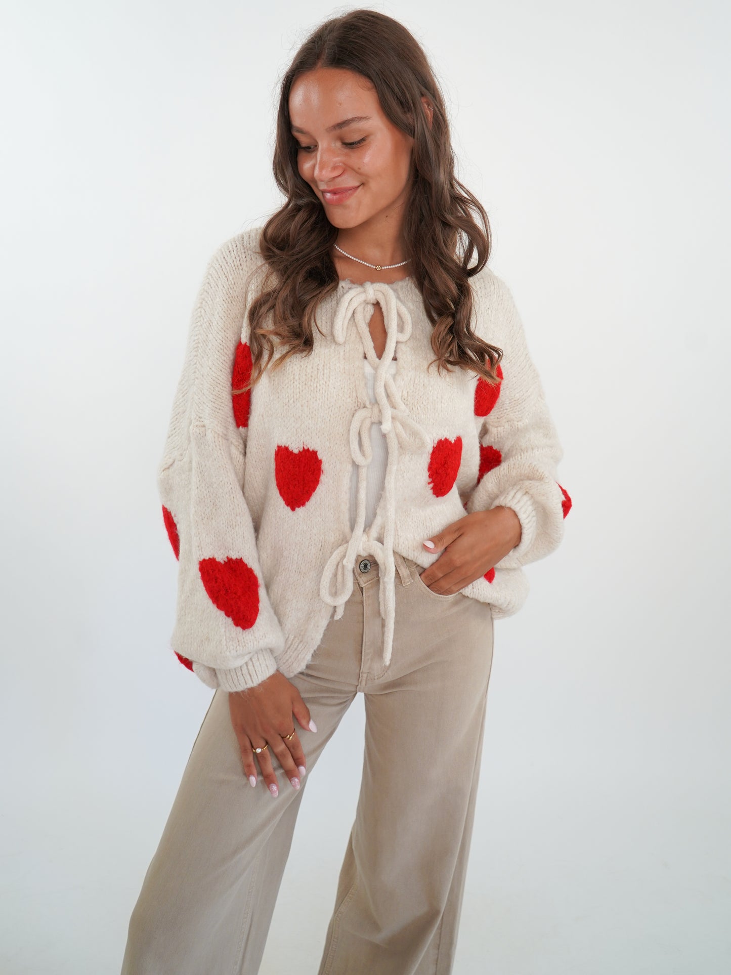 LUCKY DEAL 1224 Heart Knit Bow Jacket Cremebeige - vom Umtausch ausgeschlossen -