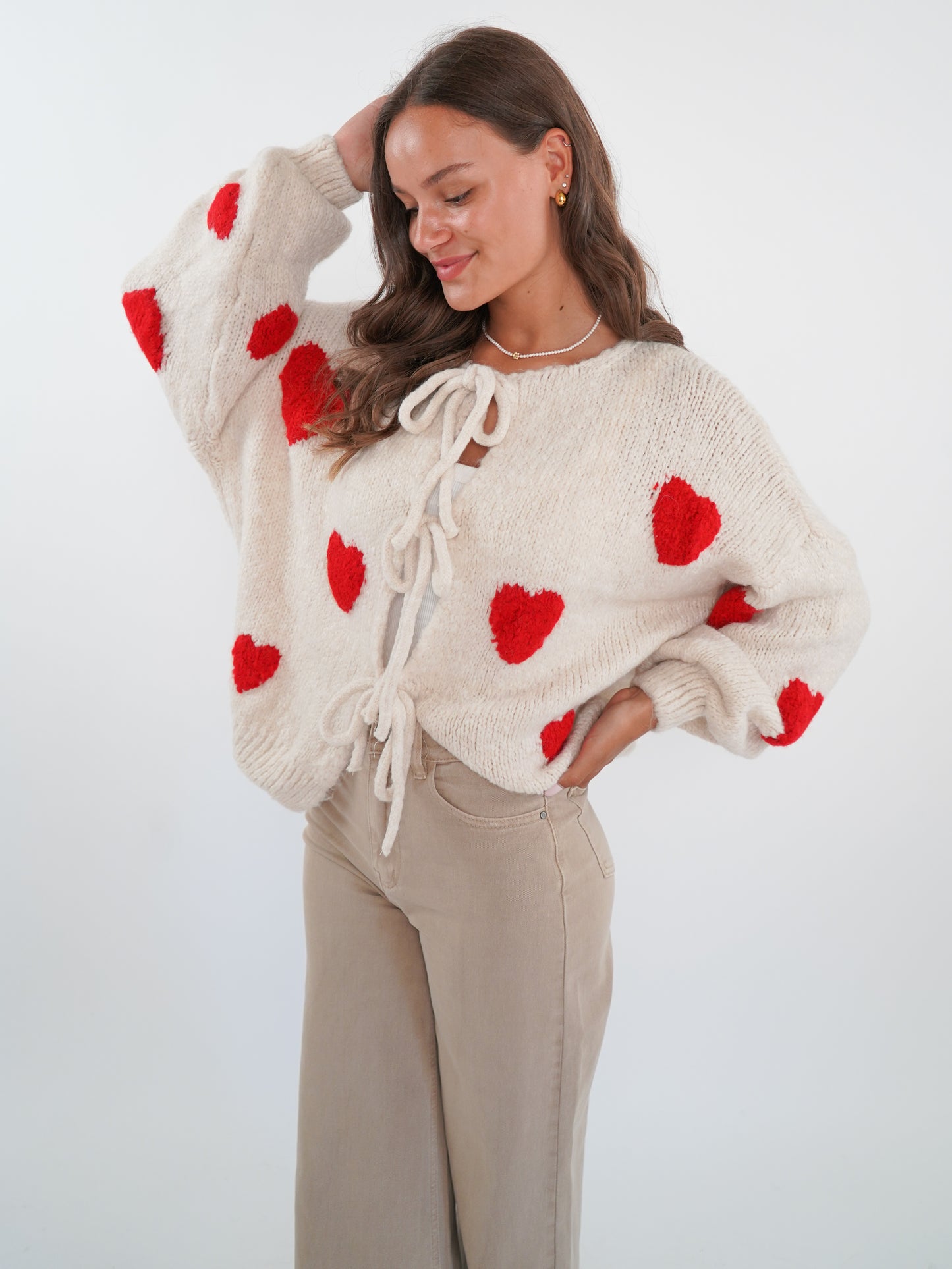 LUCKY DEAL 1224 Heart Knit Bow Jacket Cremebeige - vom Umtausch ausgeschlossen -