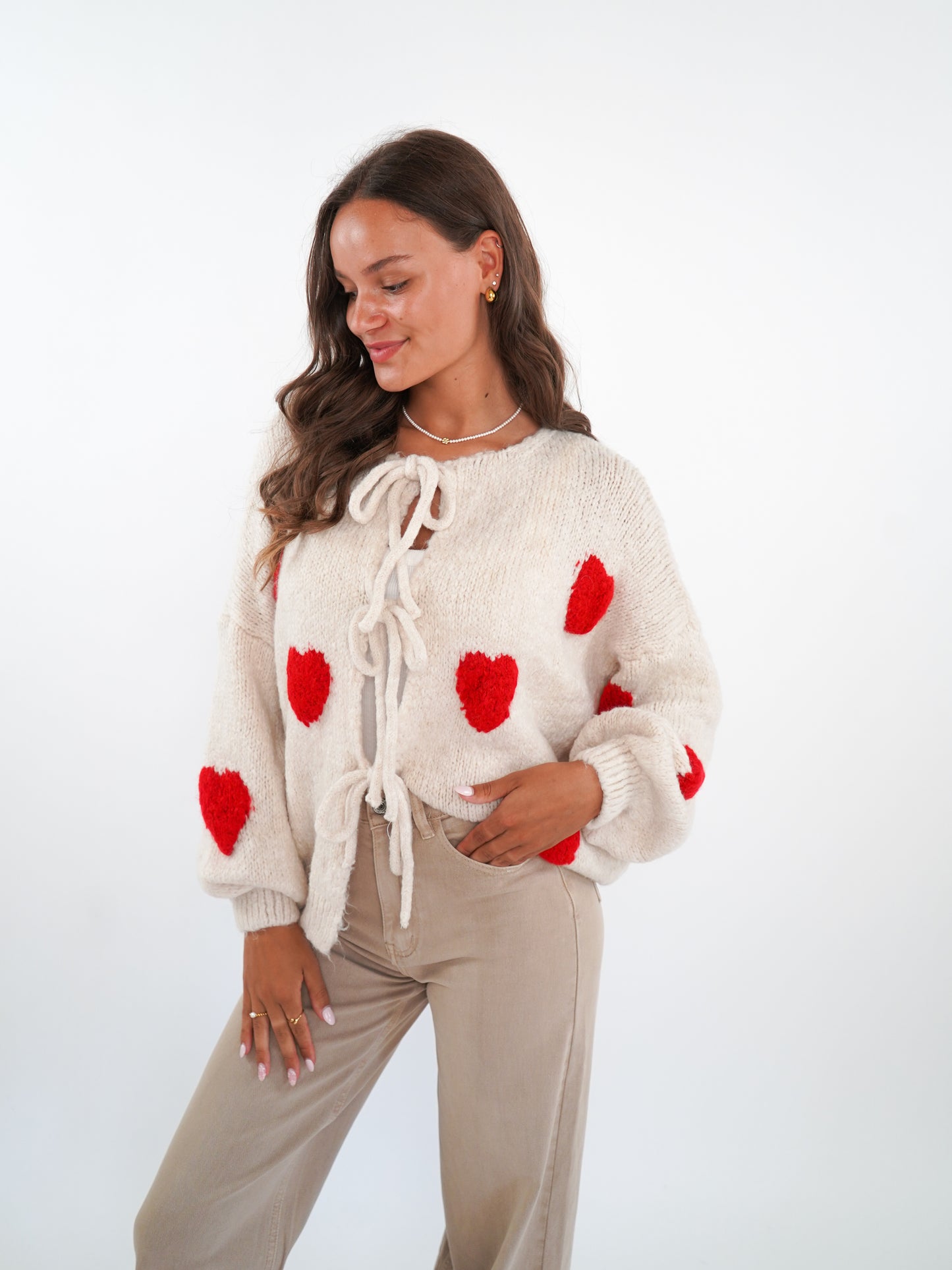 LUCKY DEAL 1224 Heart Knit Bow Jacket Cremebeige - vom Umtausch ausgeschlossen -