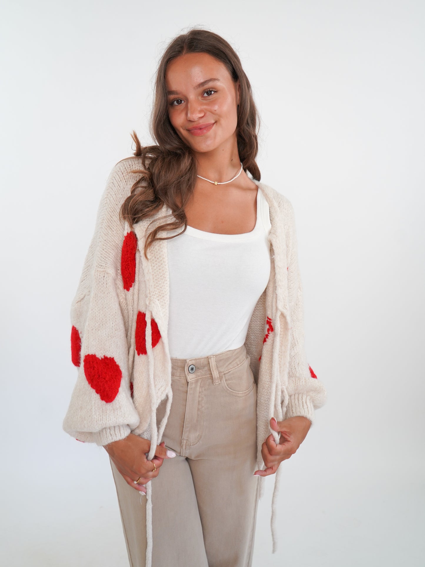 LUCKY DEAL 1224 Heart Knit Bow Jacket Cremebeige - vom Umtausch ausgeschlossen -