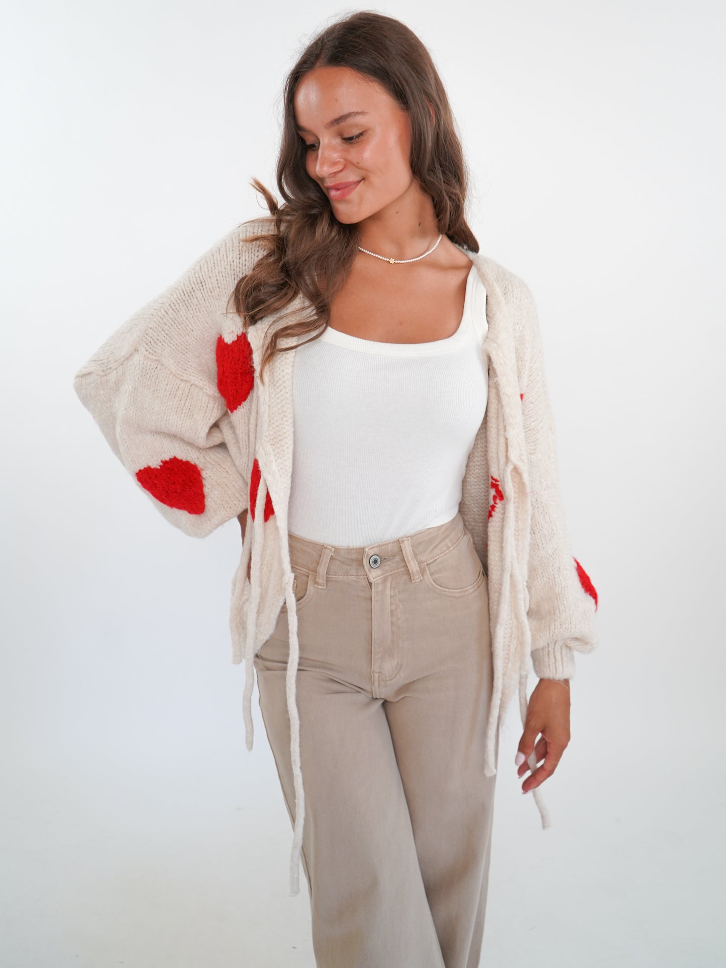 LUCKY DEAL 1224 Heart Knit Bow Jacket Cremebeige - vom Umtausch ausgeschlossen -