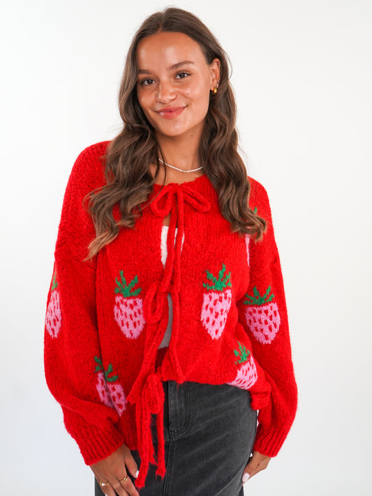 Strawberry Knit Bow Jacket Rot