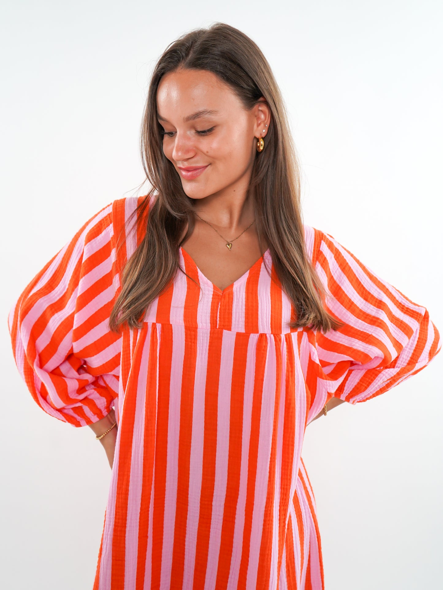 Musselin Midikleid Lotta Stripes - Rosa/Orange