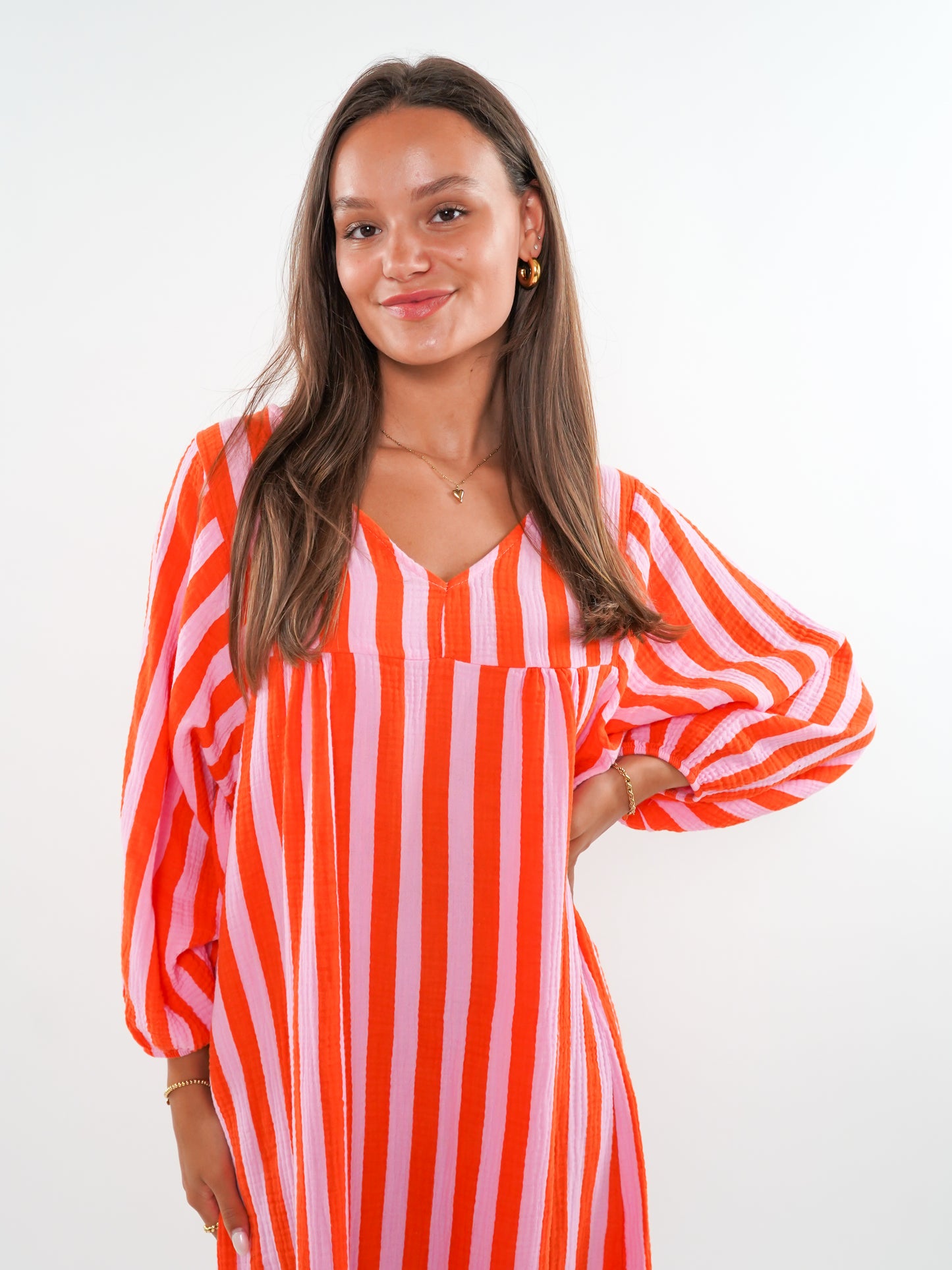 Musselin Midikleid Lotta Stripes - Rosa/Orange