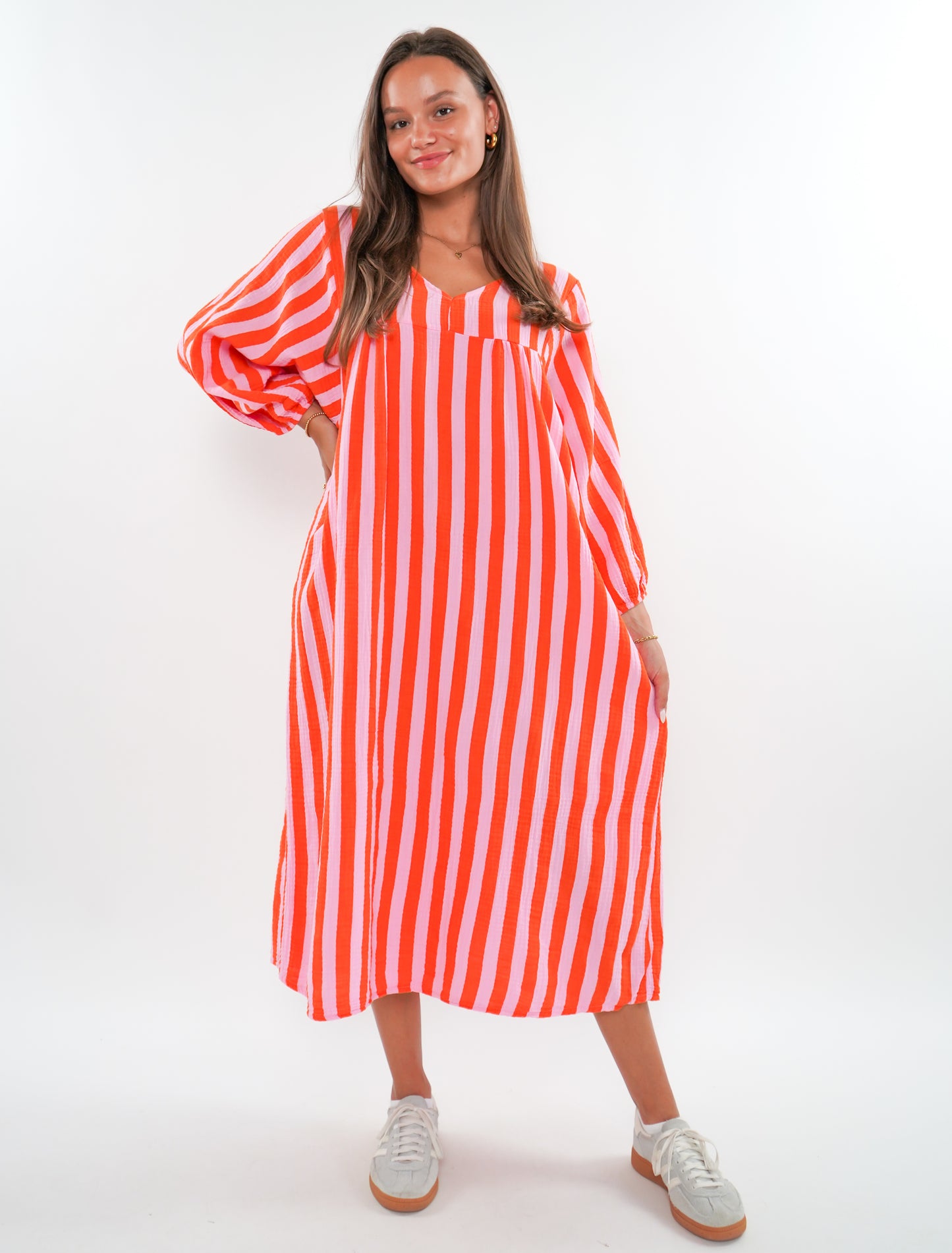 Musselin Midikleid Lotta Stripes - Rosa/Orange