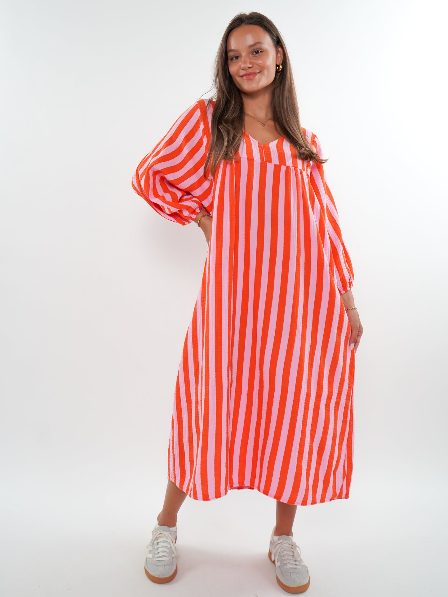 Musselin Midikleid Lotta Stripes - Rosa/Orange