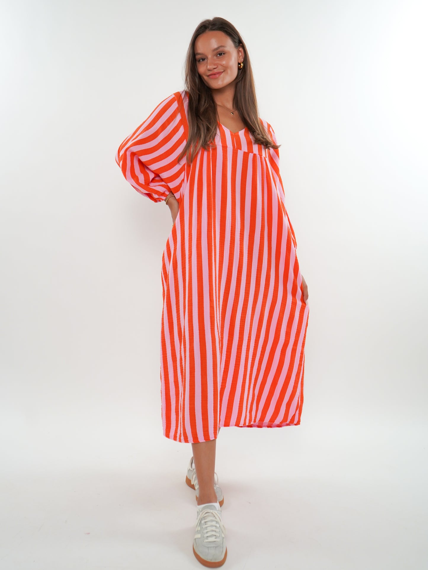 Musselin Midikleid Lotta Stripes - Rosa/Orange