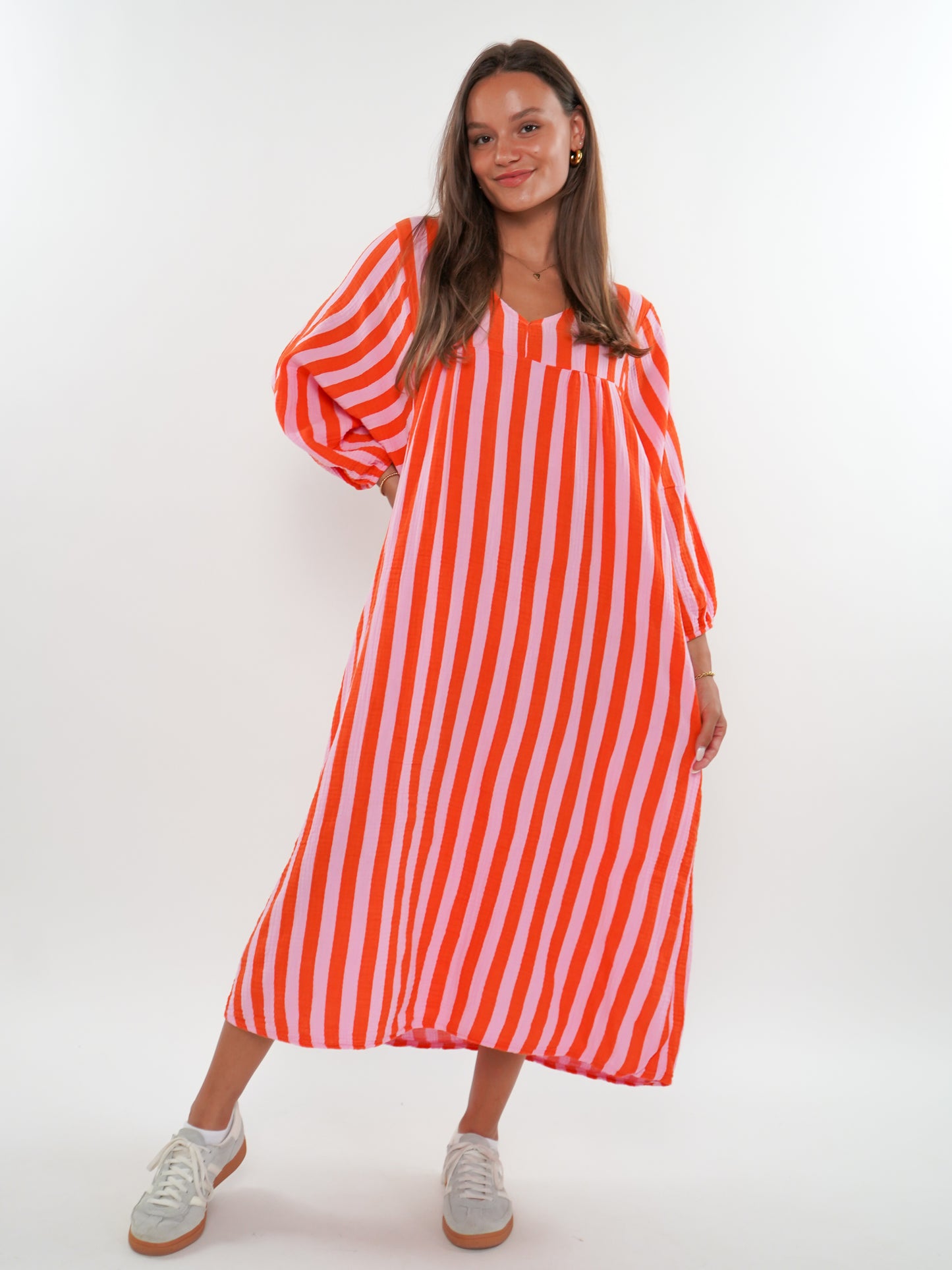 Musselin Midikleid Lotta Stripes - Rosa/Orange