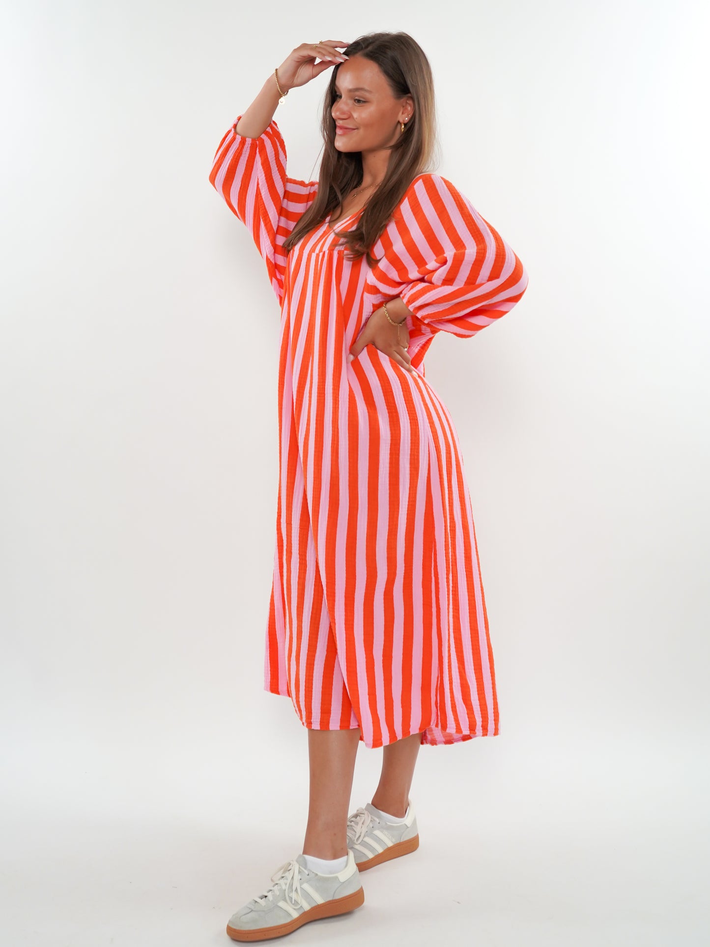 Musselin Midikleid Lotta Stripes - Rosa/Orange